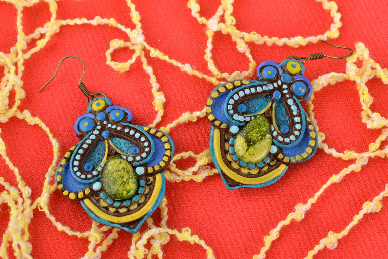 Polymer clay dangle earrings Peacock photo 1