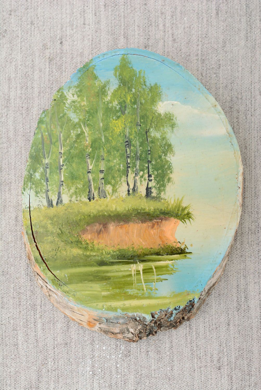 Tableau peint sur bois fait main de couleurs à l'huile avec paysage ovale photo 3
