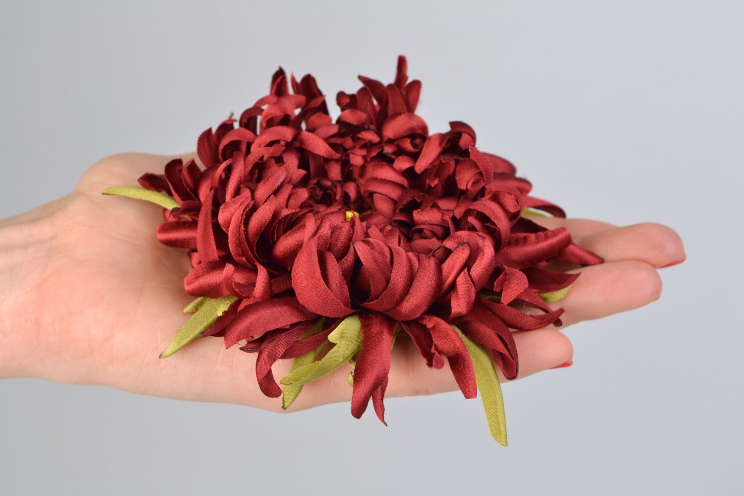 Homemade textile satin flower brooch hair clip Claret Peony photo 2