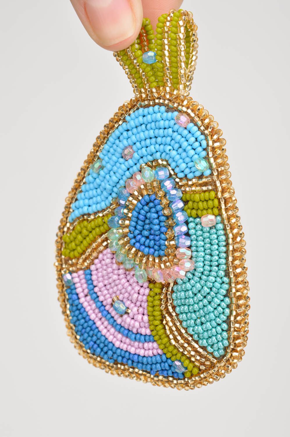 Unusual stylish bright handmade designer woven bead pendant for women photo 3