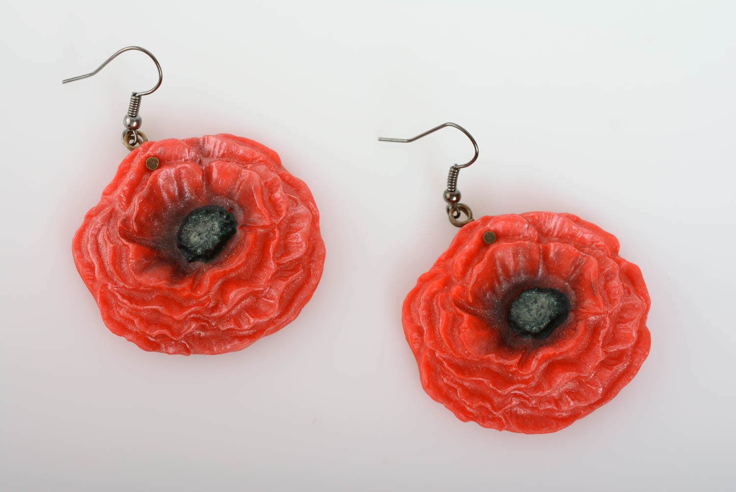 Large handmade designer polymer clay flower earrings Poppies photo 1