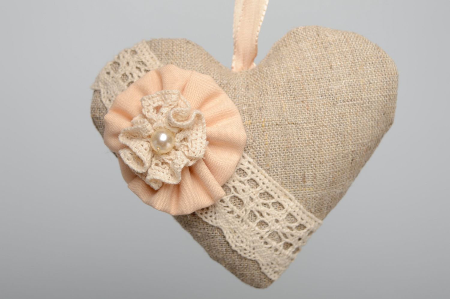 Мягкая подвеска для декора ручной работы сердце из льна фото 2