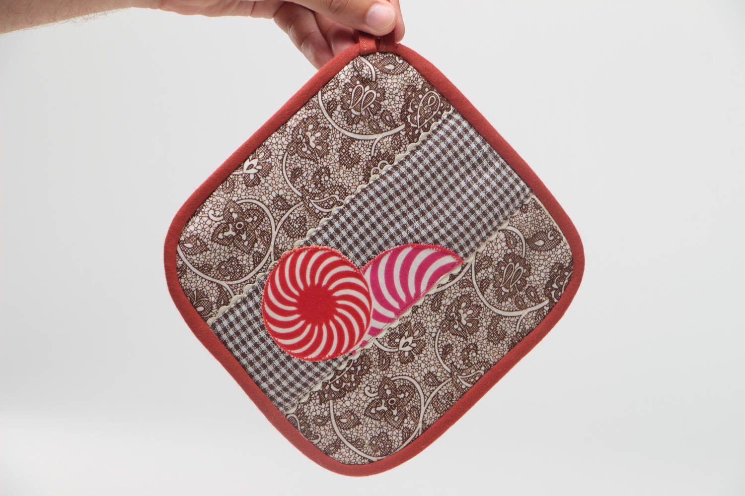 Quadratischer Topflappen aus Stoff von Handarbeit aus Baumwolle und Polyester foto 5