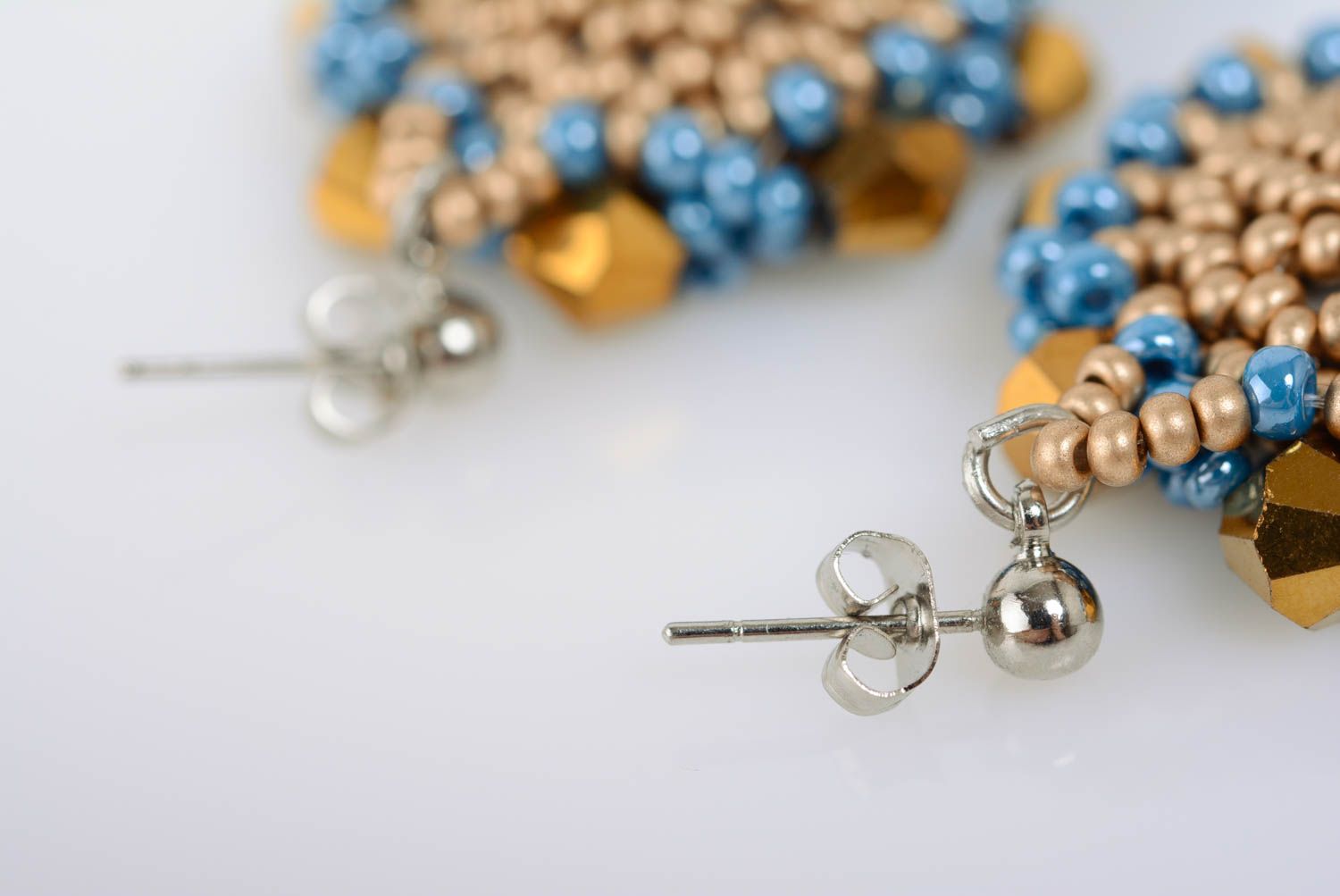 Handmade beautiful beaded earrings with blue elements evening accessory photo 5