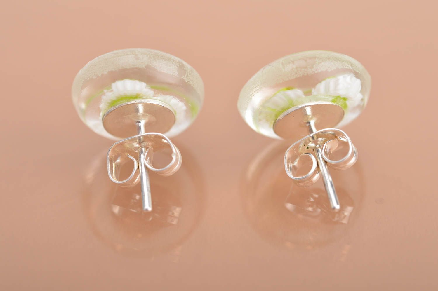 Small handmade designer millefiori glass round stud earrings Green Flowers photo 5