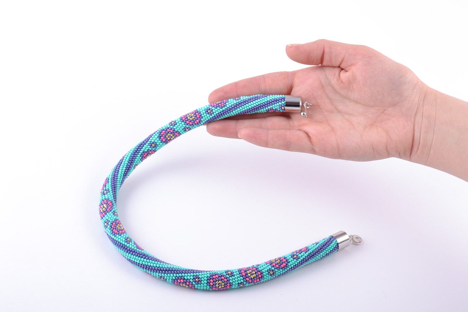 Short handmade beaded cord necklace of blue color with violet flowers for women photo 2