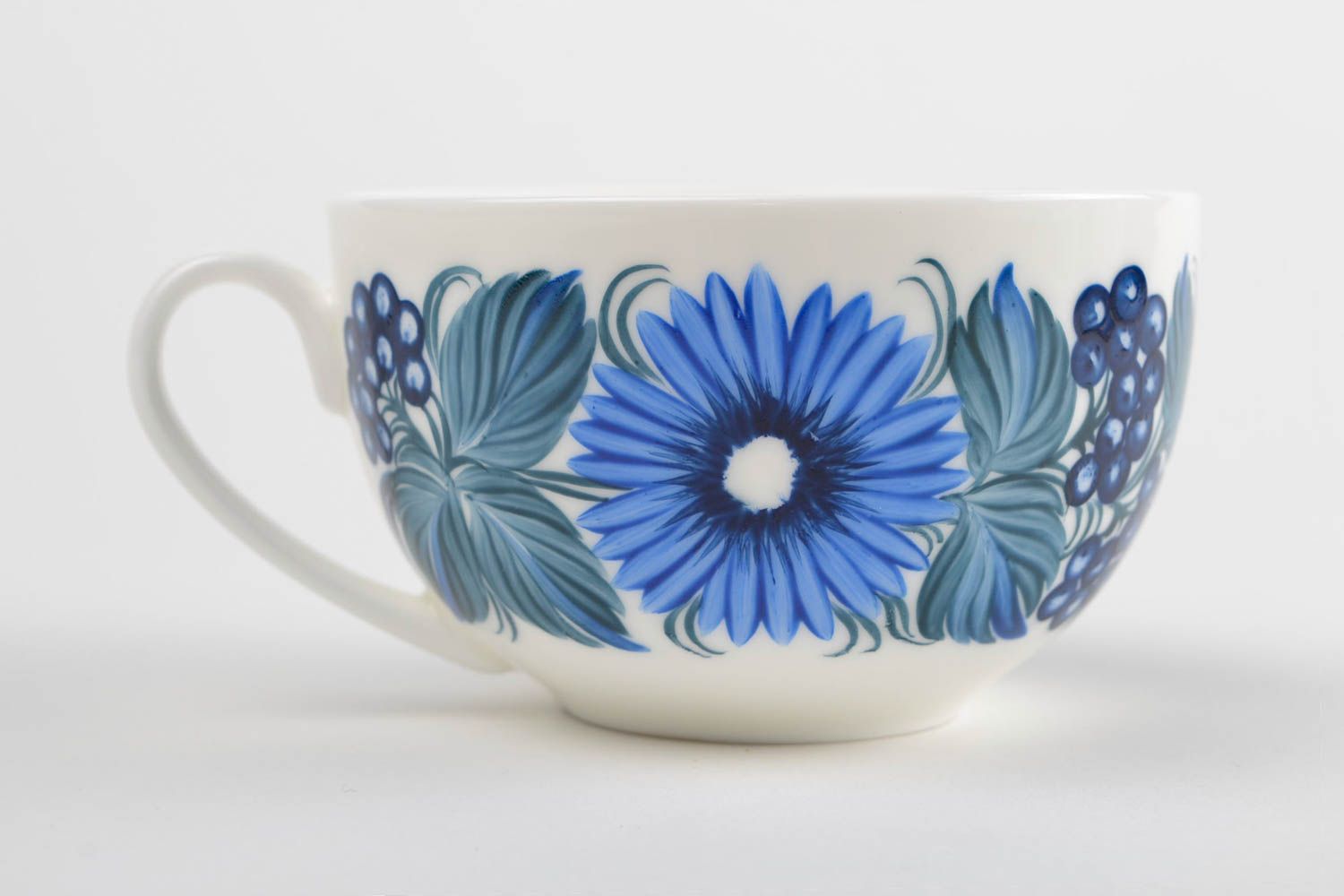 8 oz porcelain white tea cup with blue flowers pattern in Russian style photo 3