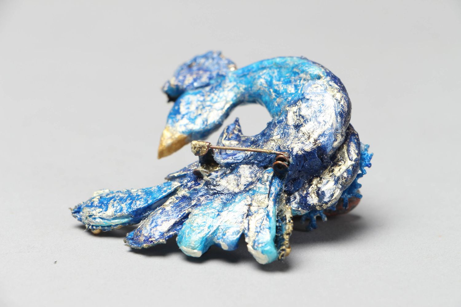 Papier mache brooch in the shape of bluebird photo 3