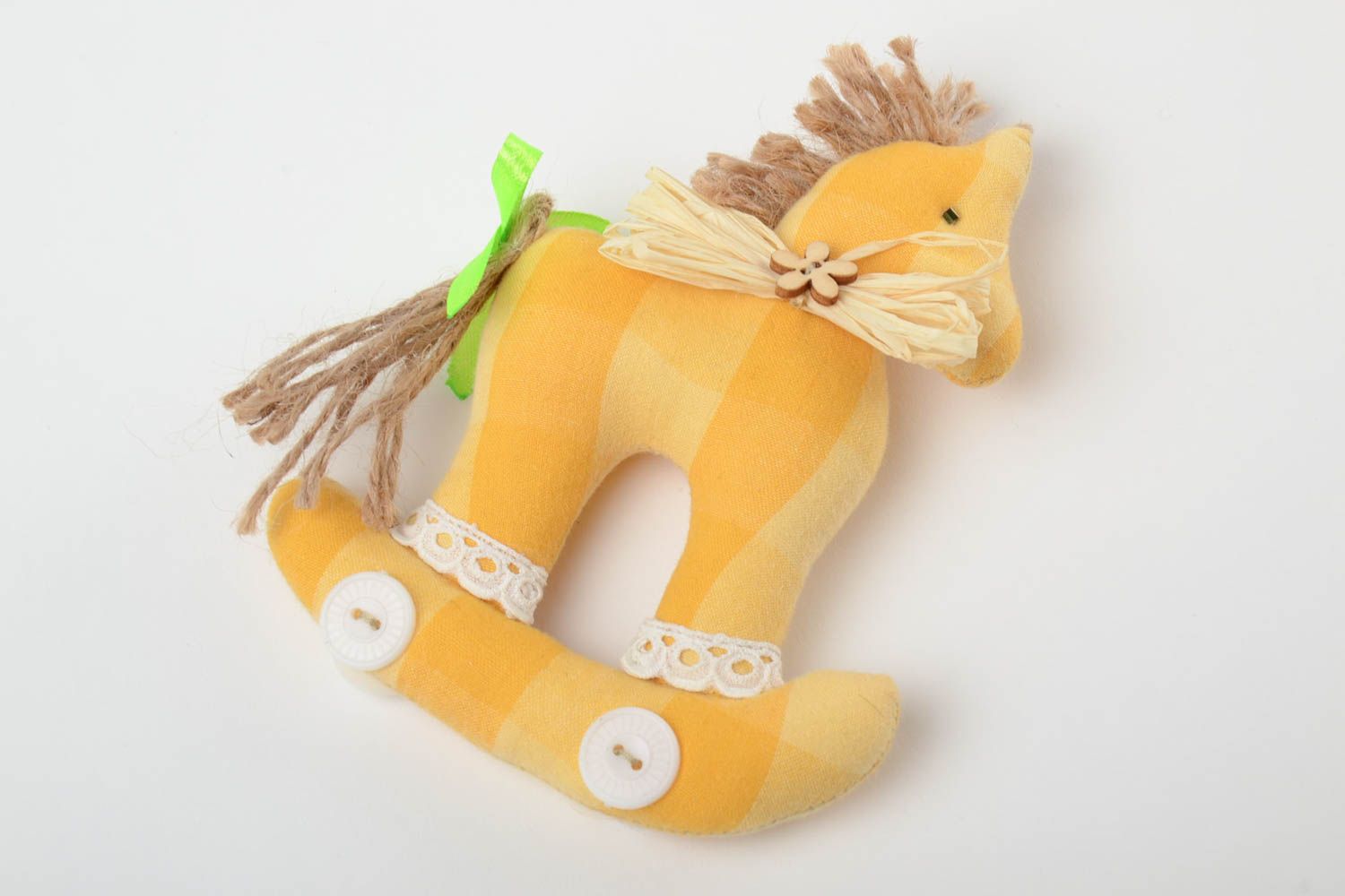 Handmade interior decorative soft toy rocking horse made of calico and flax photo 2