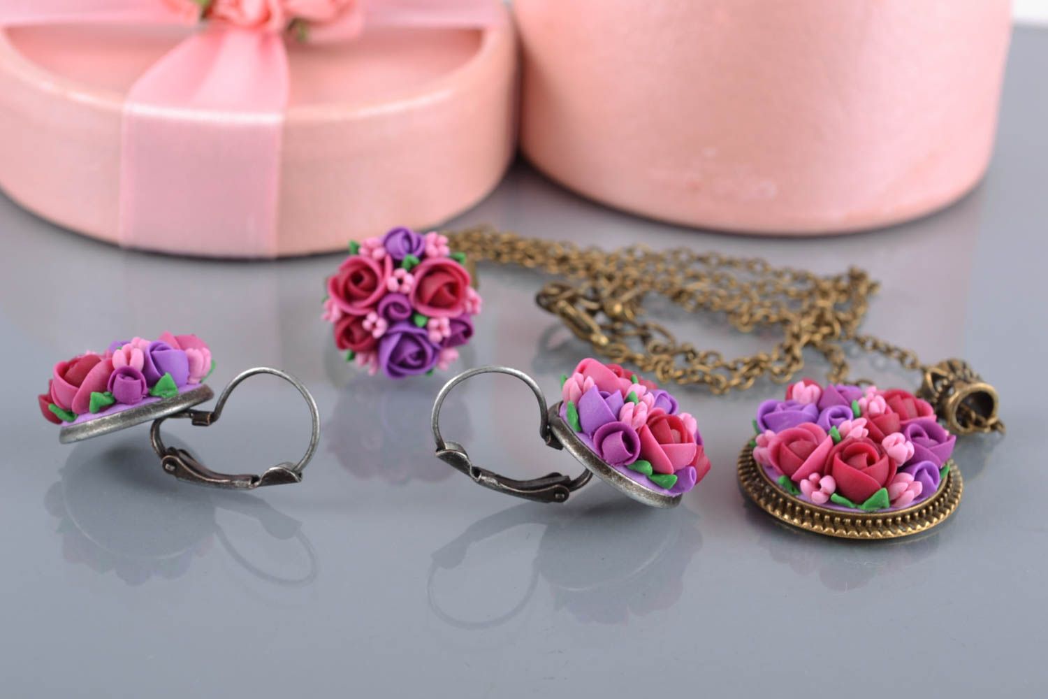 Handmade polymer clay jewelry set pendant earrings and ring photo 1