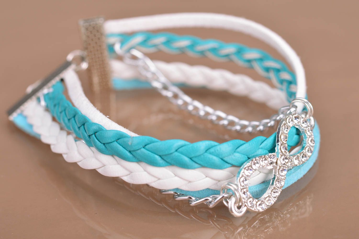 Handmade multi row blue and white suede cord wrist bracelet with metal insert photo 2