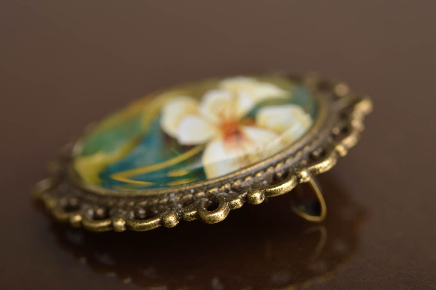 Beautiful stylish handmade designer metal brooch with cabochon Water Lily photo 5