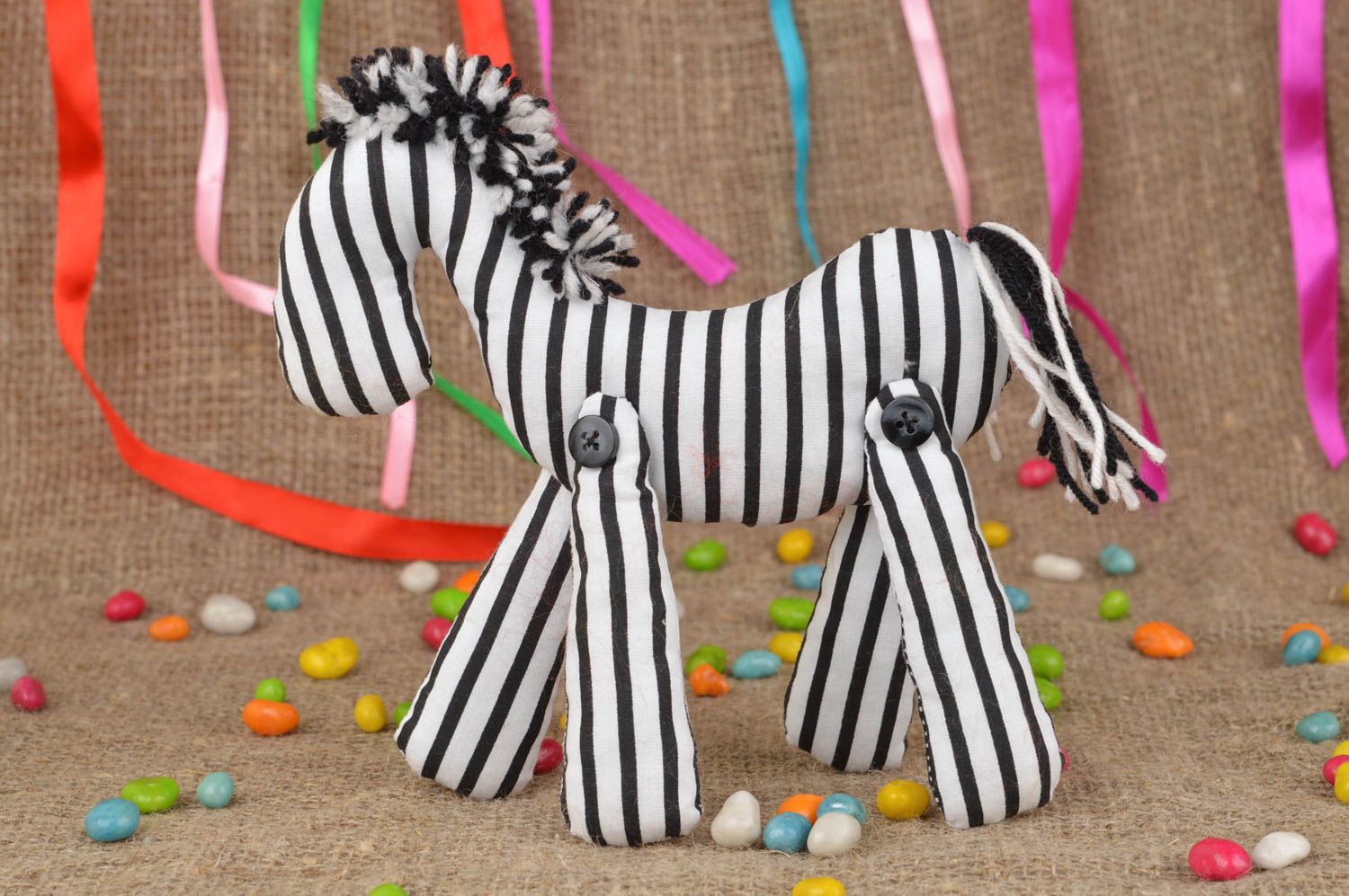 Handmade small unusual beautiful toy striped black and white cute zebra photo 1