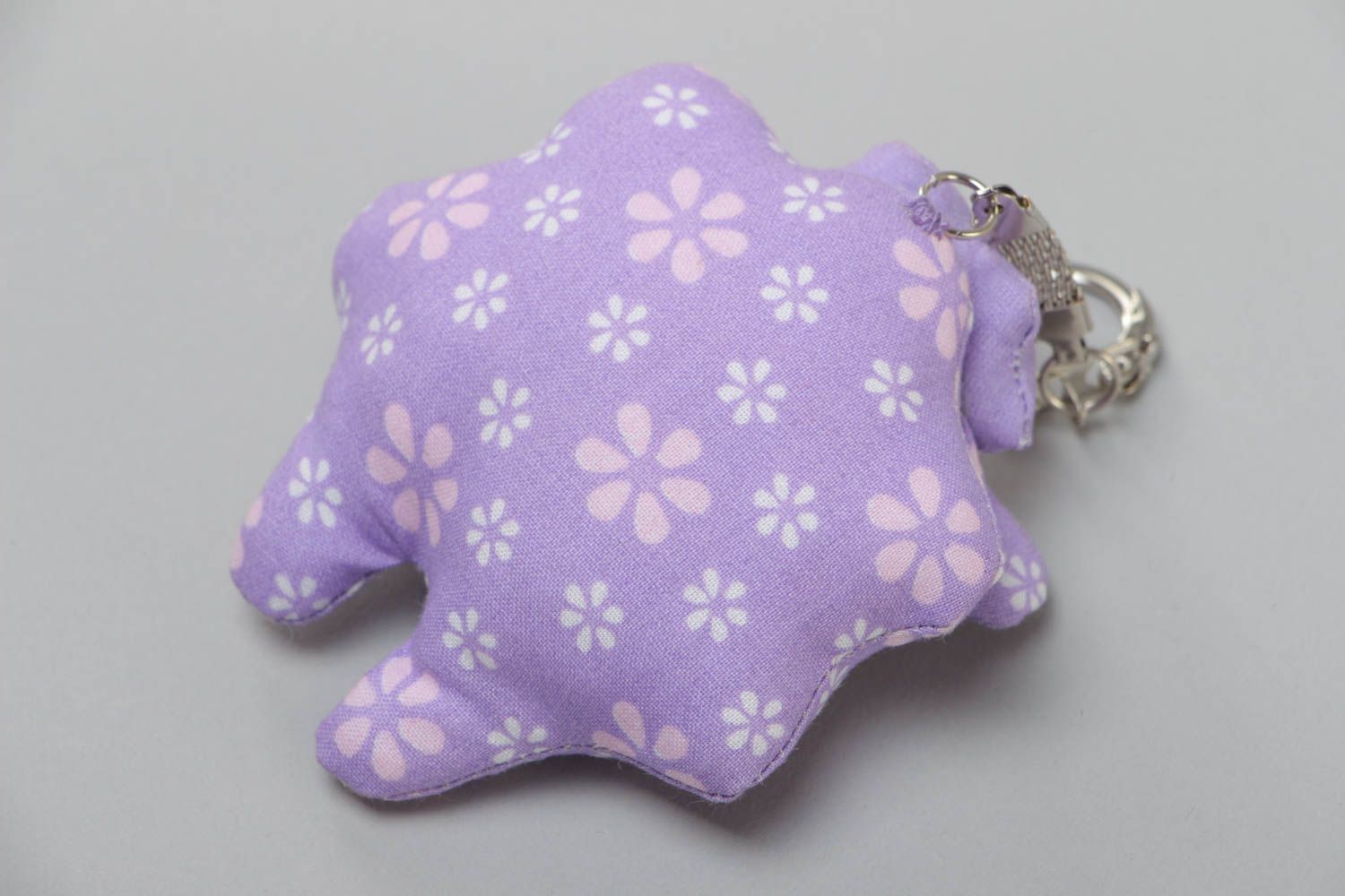 Handmade small soft toy keychain sewn of violet cotton fabric Lamb with red heart photo 4