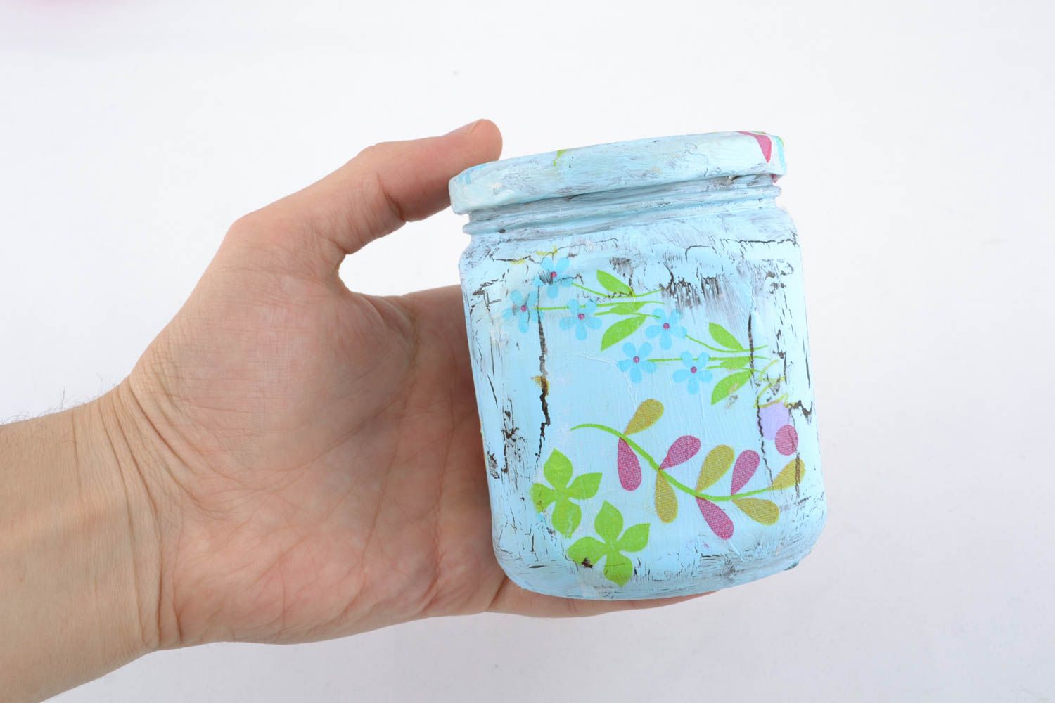 Handpainted in blue color with butterflies decorative glass jar 5 oz 0,6 lb photo 4