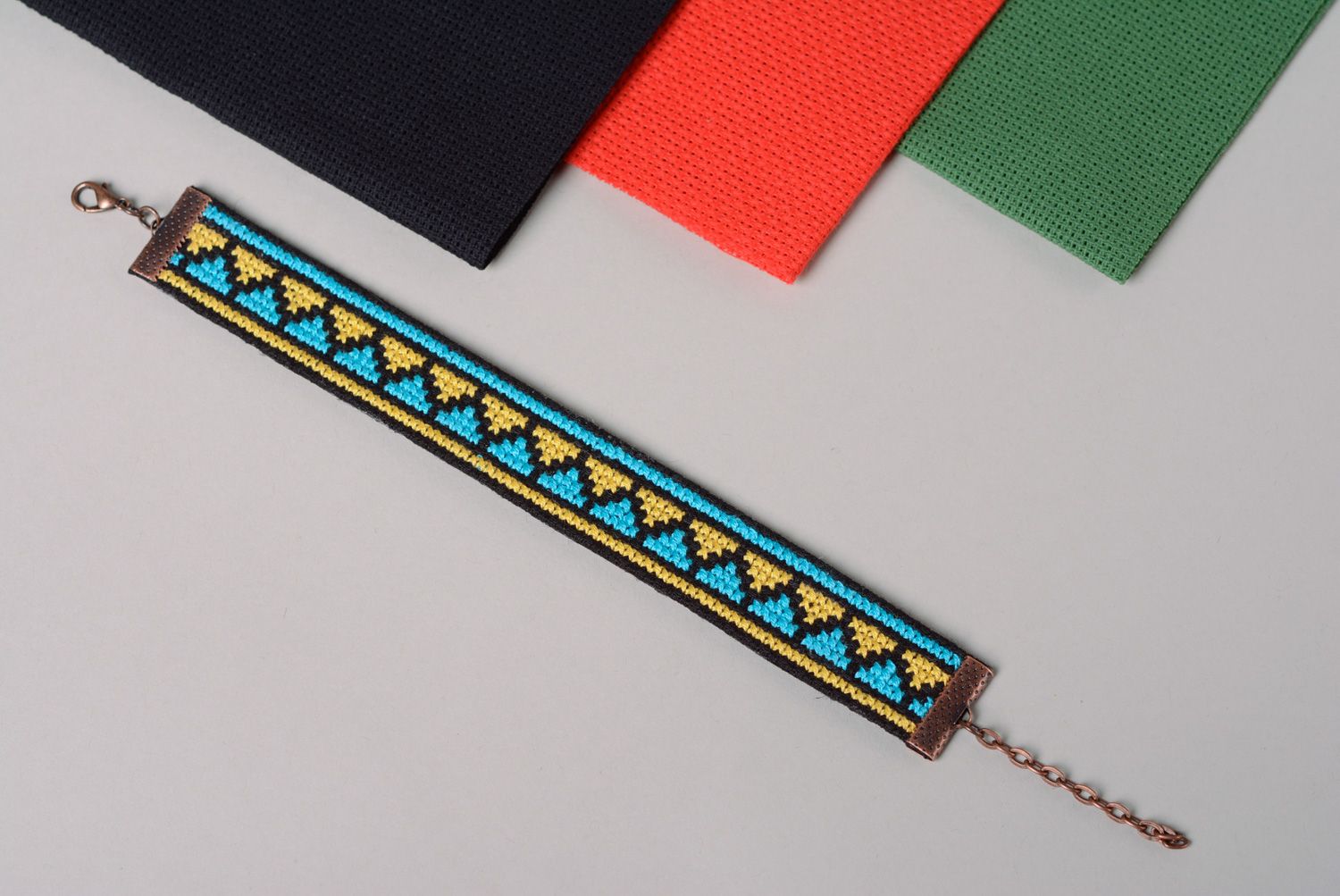 Handmade cross stitch embroidered wrist bracelet with adjustable size photo 1
