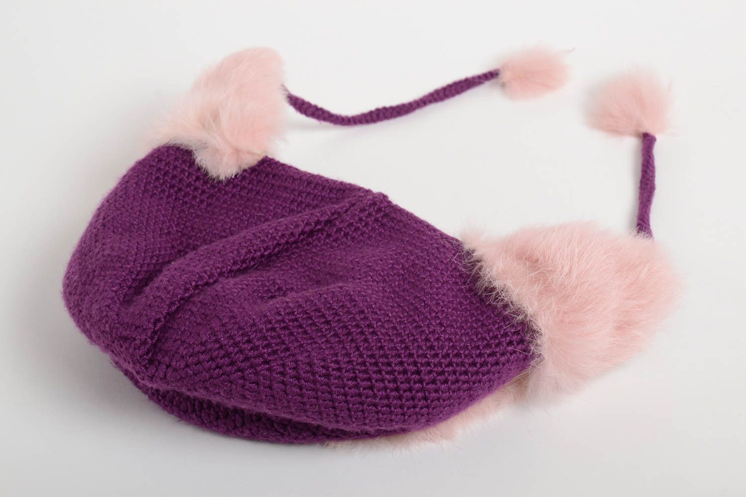 Cache-oreilles tricoté fait main Bonnet au crochet rose fourrure Vêtement enfant photo 3