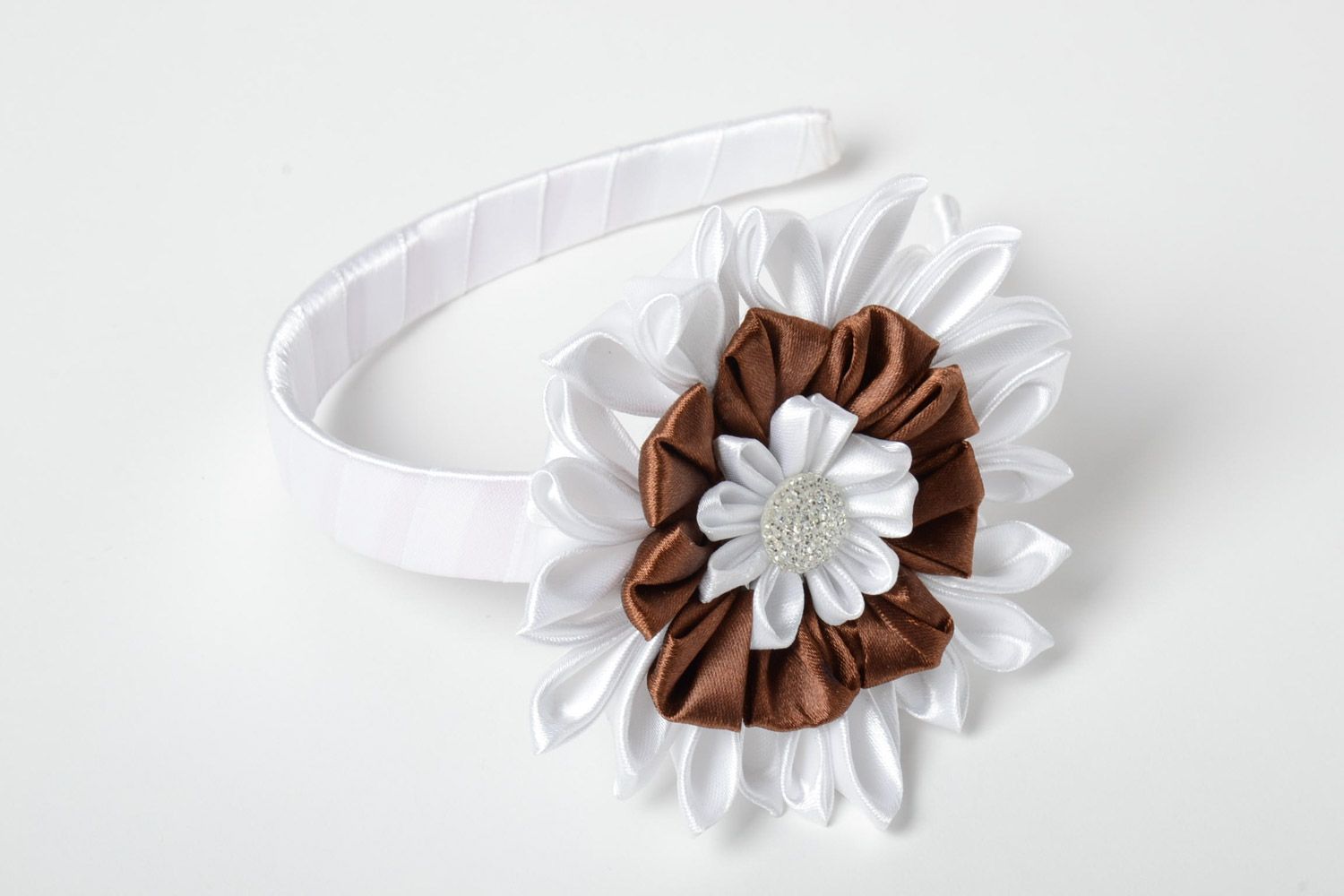 Handmade festive headband with volume satin ribbons kanzashi flower of white color photo 2
