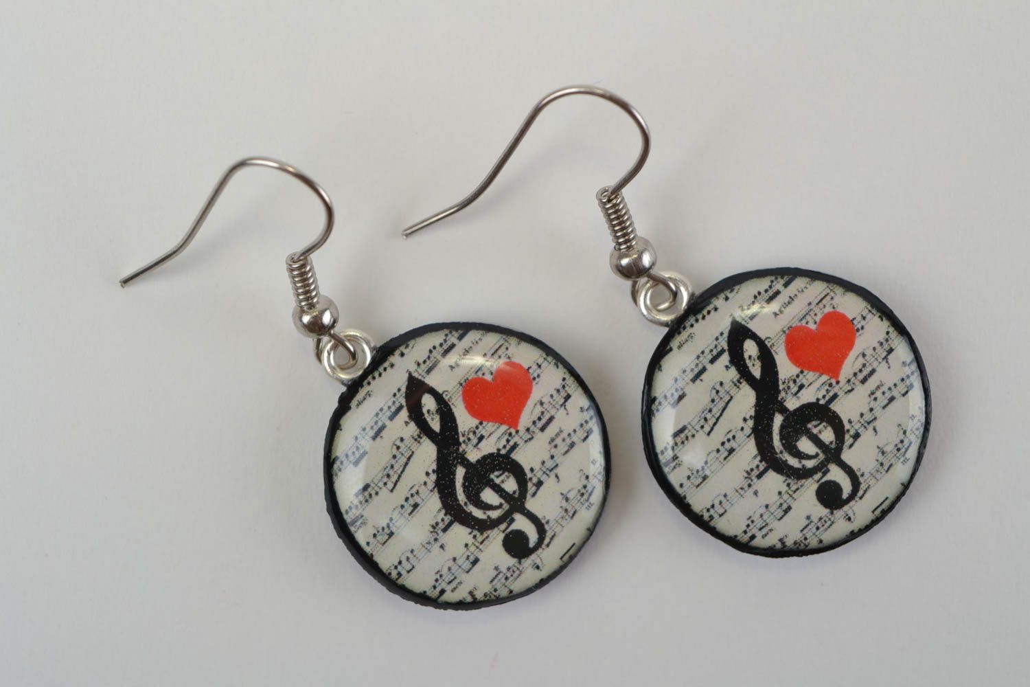 Beautiful handmade design round plastic earrings with decoupage black and white photo 3