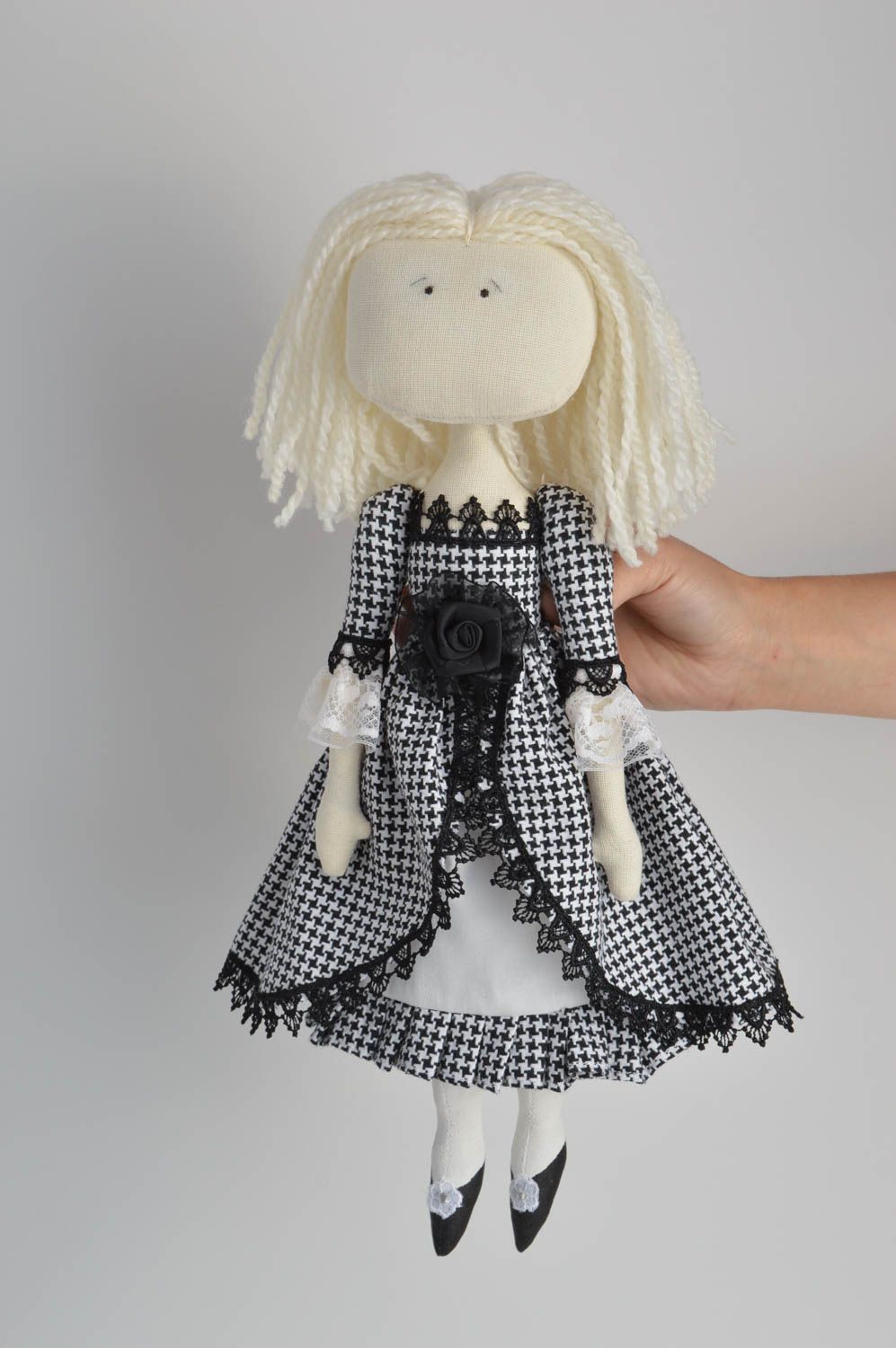 Handmade designer fabric soft doll girl in checkered black and white dress photo 5