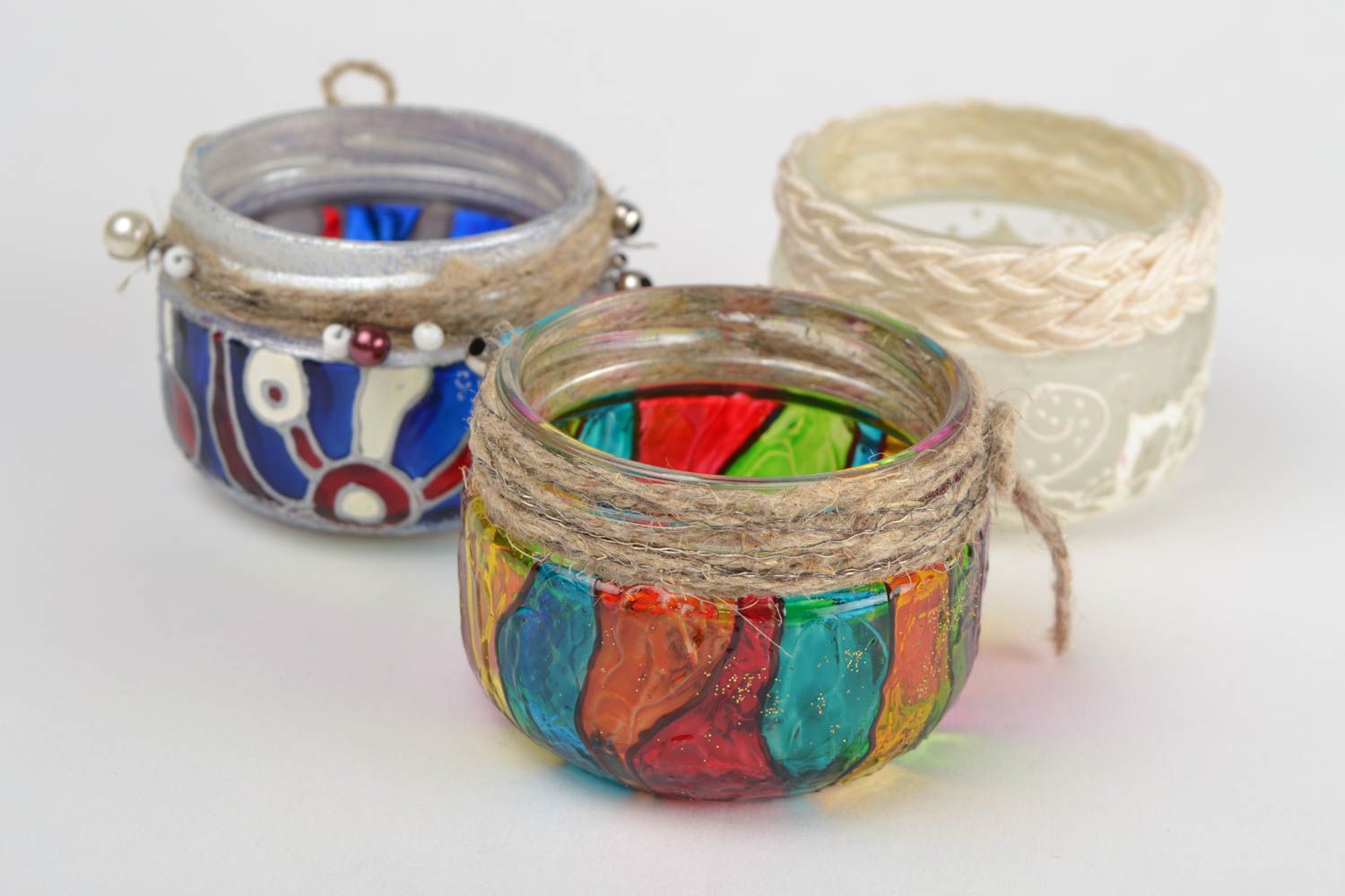 Buntes handmade Kerzenhalter Set aus Glas bemalt mit Vitrage Farben 3 Stück foto 3