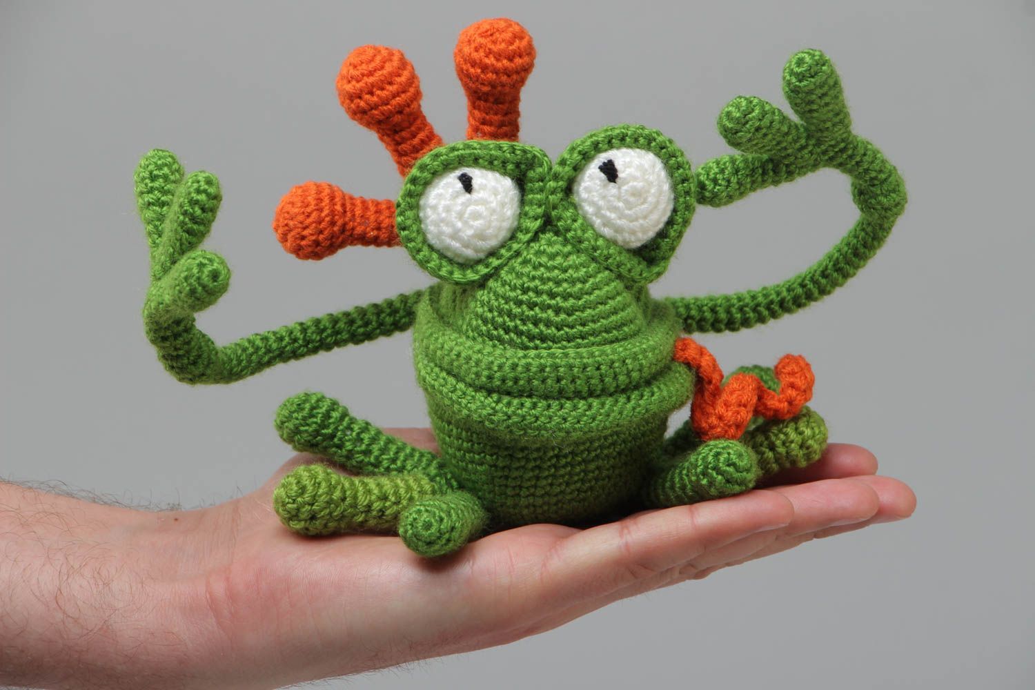 Handmade soft toy crochet of acrylic threads for children Green Frog photo 5