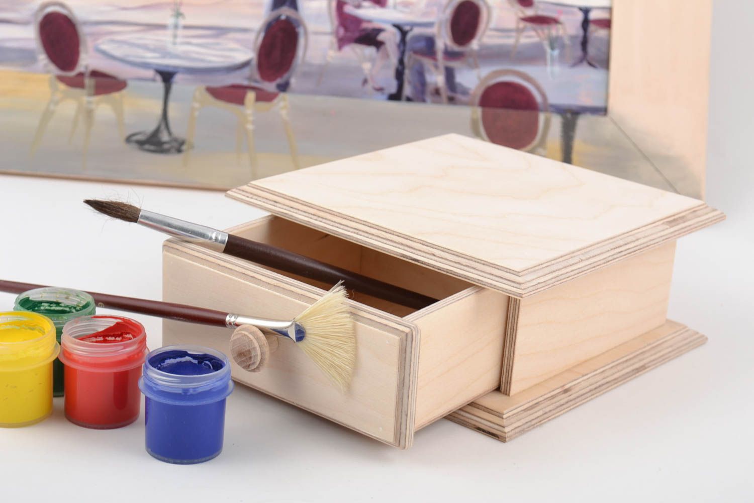 Boîte carrée en bois brut à tiroir pour peinture ou serviettage faite main photo 1