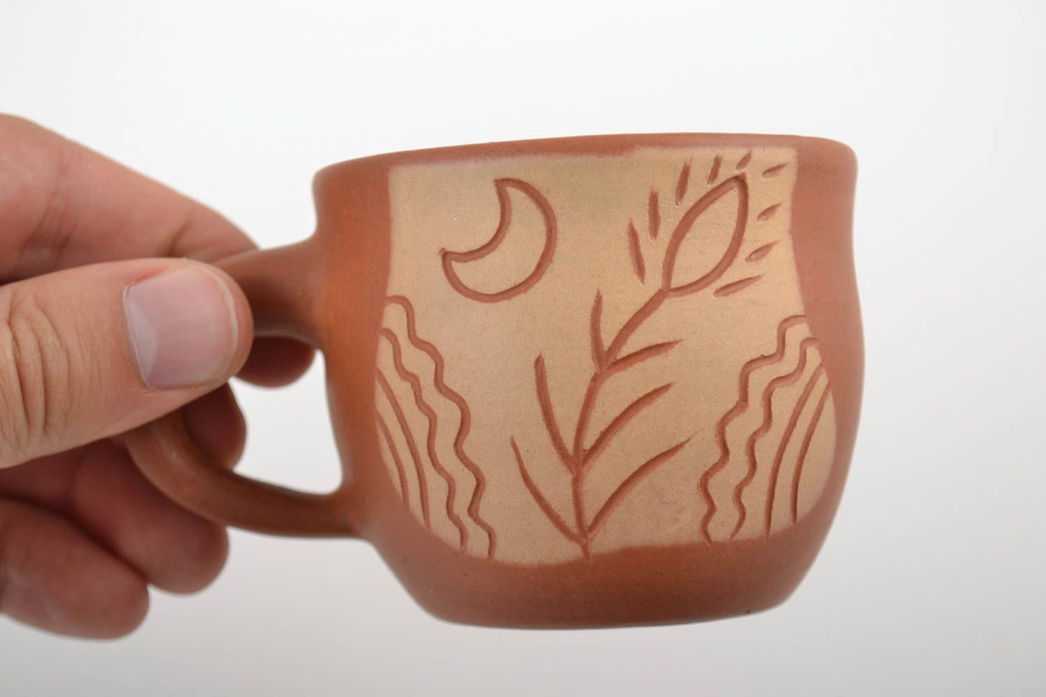 Handgemachte Keramik Tasse für Tee oder Kaffee klein 180 ml in Braun mit Muster foto 5
