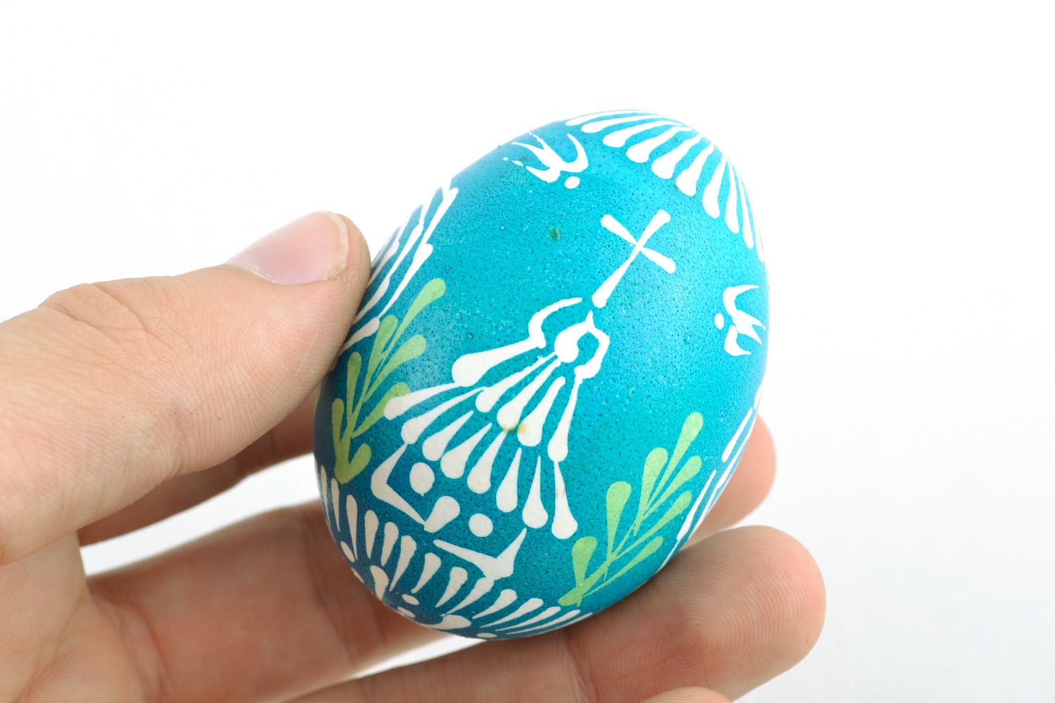 Handmade painted Easter egg with minimalistic ornament in blue color palette photo 2