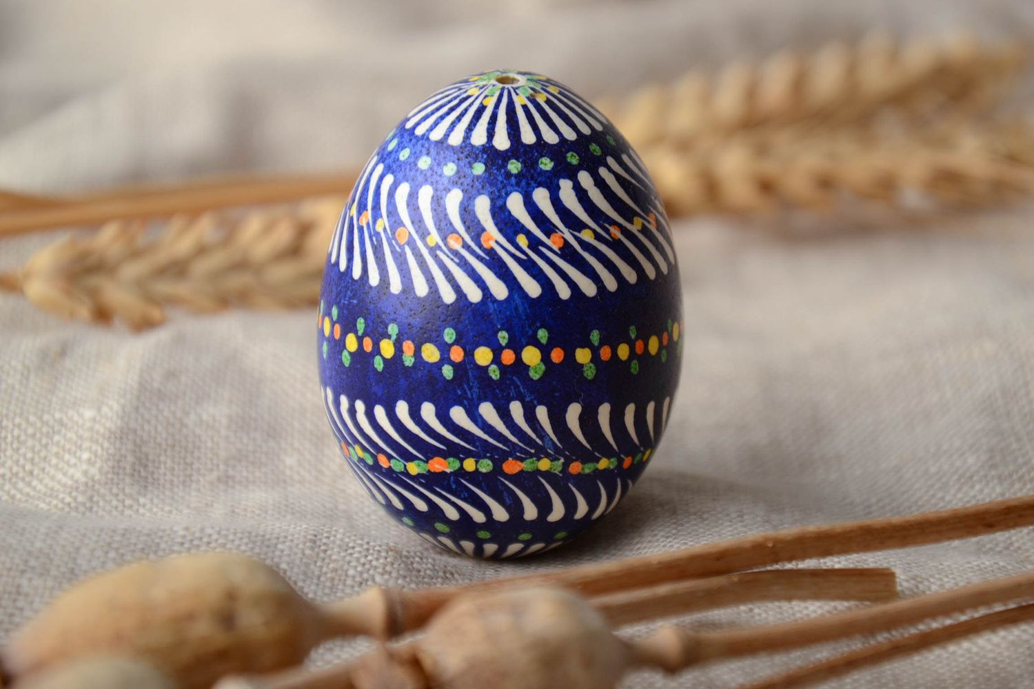Handmade Easter egg of blue color with Lemkiv painting photo 1