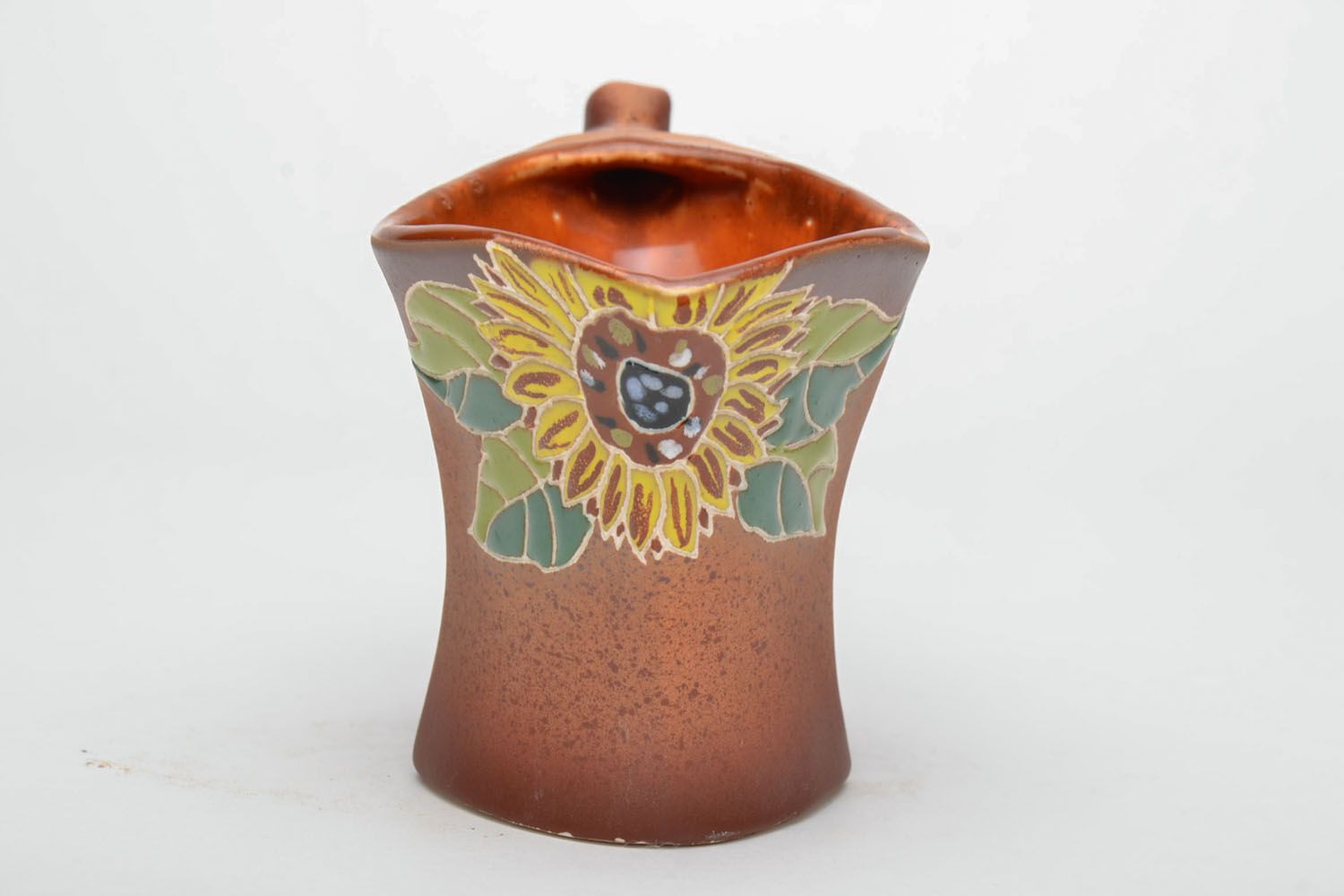 Square ceramic glazed handmade coffee cup with sunflower pattern and wide large handle photo 3