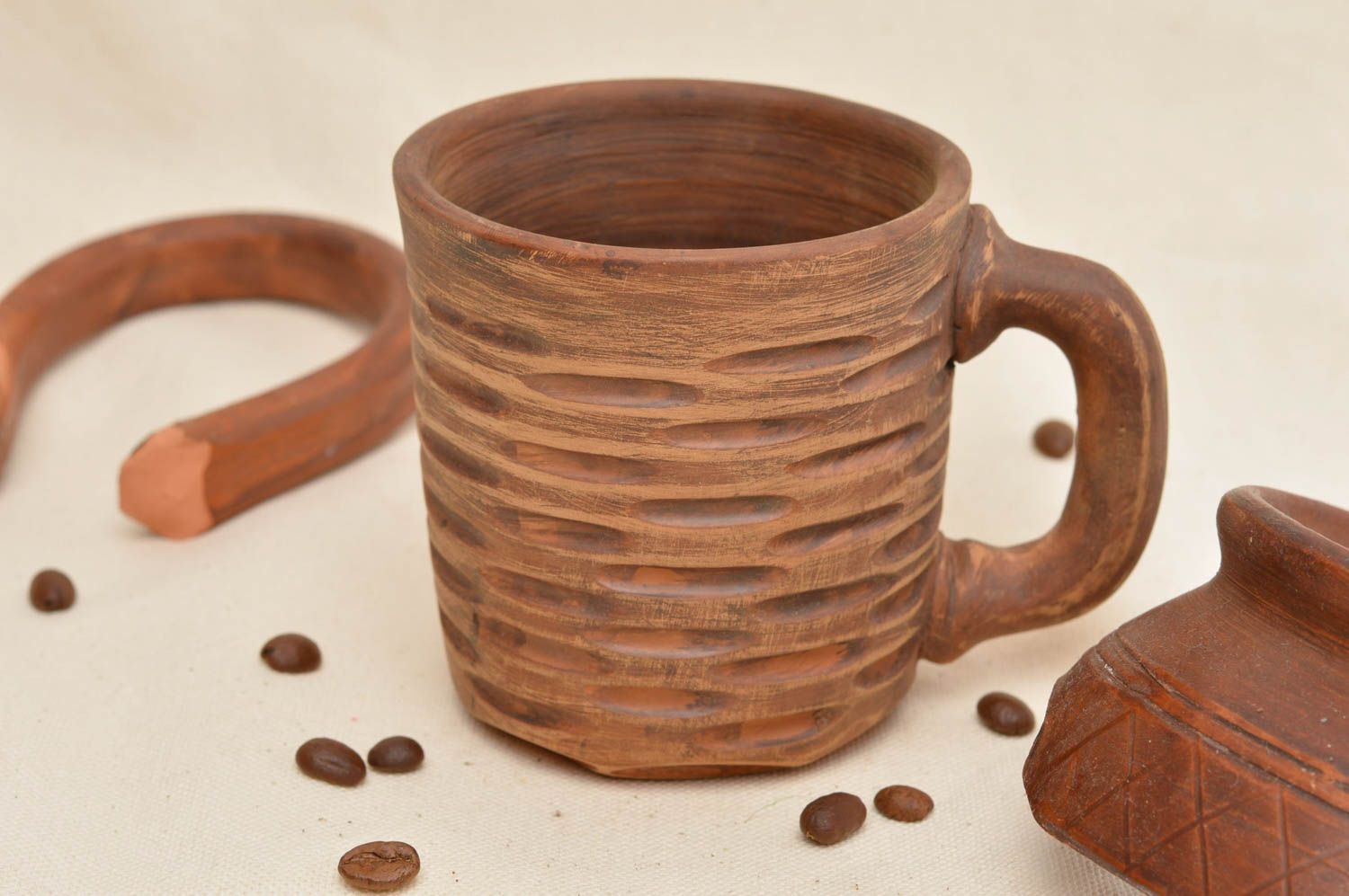 Brown natural clay color coffee mug with handle photo 1