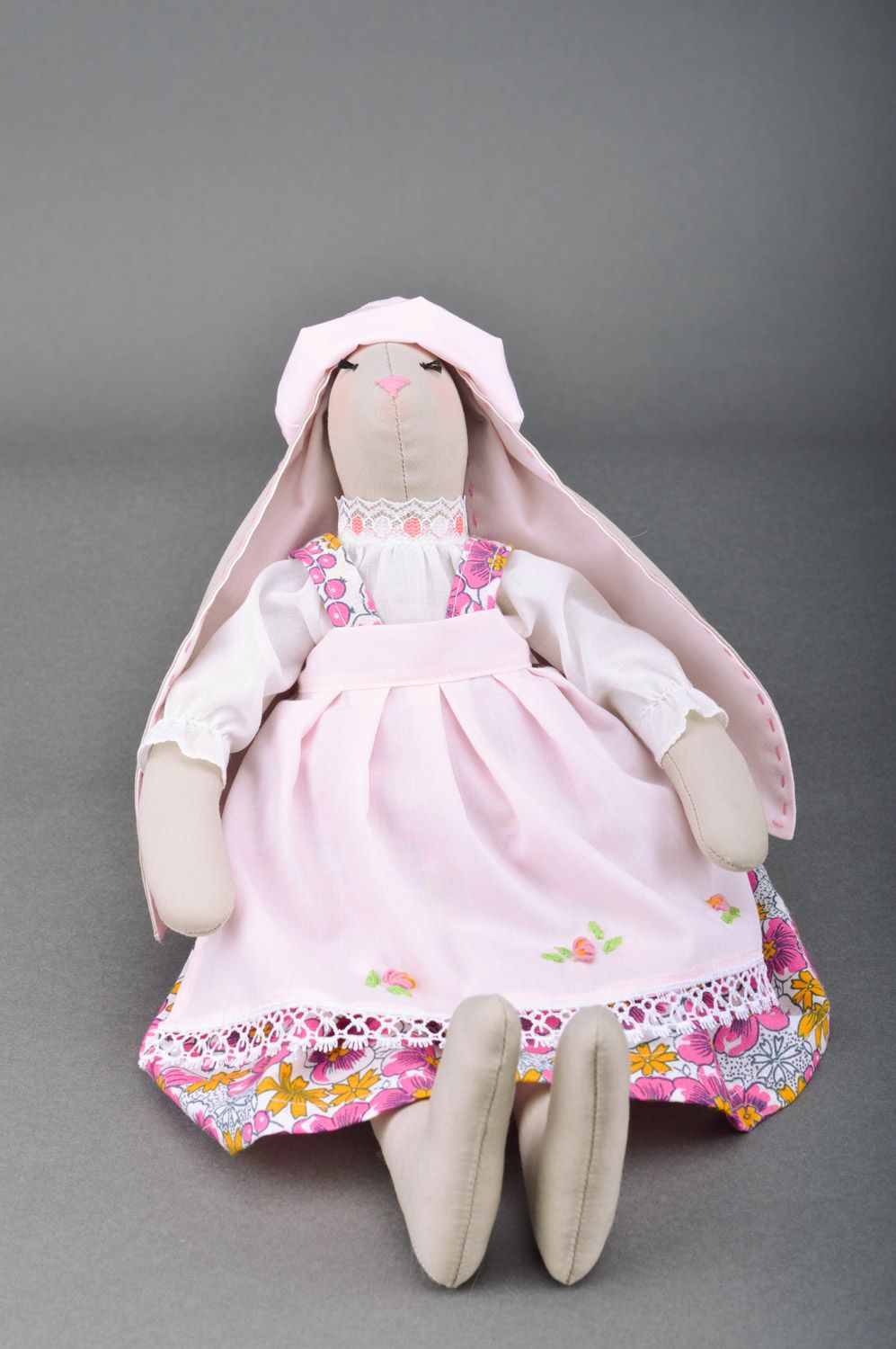 Handmade interior soft toy sewn of cotton and linen fabrics long-eared rabbit photo 1