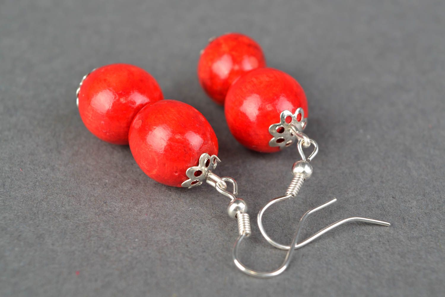 Red handmade wooden earrings photo 3