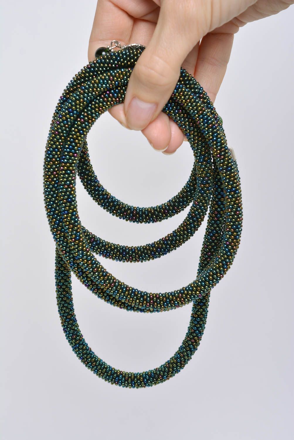 Collier lariat en perles de rocaille fait main vert original bijou transformable photo 4