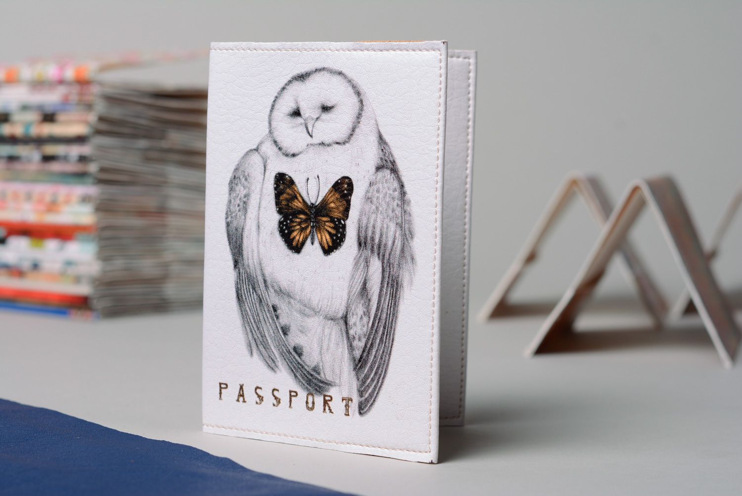 White handmade leather passport cover with owl print photo 1