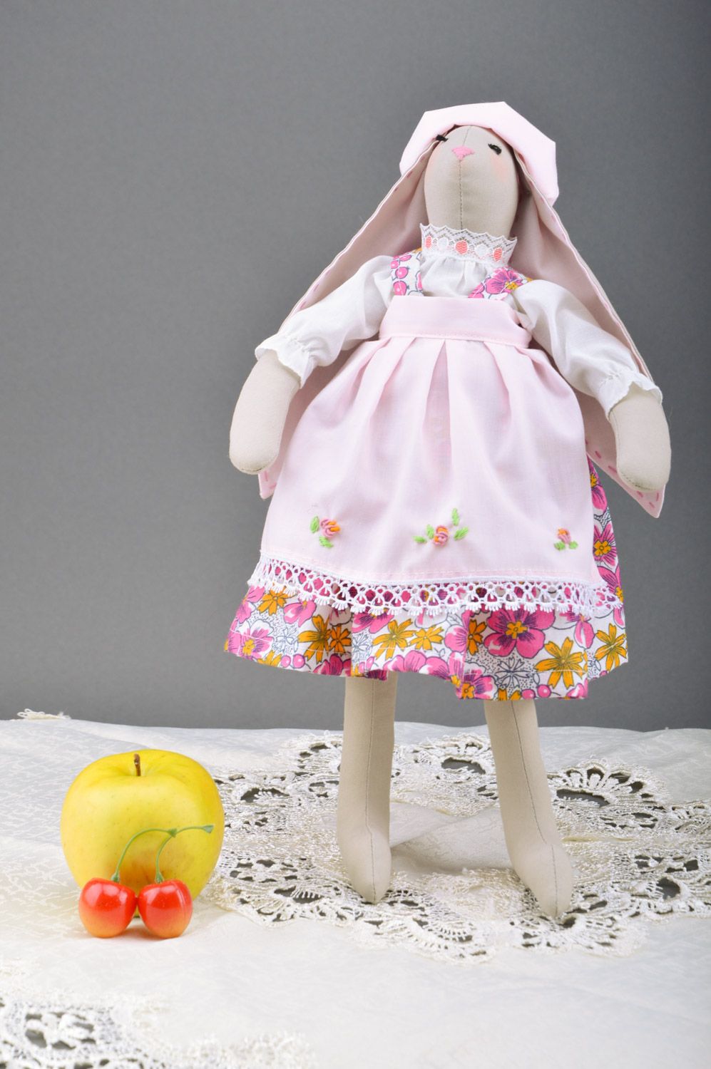 Handmade interior soft toy sewn of cotton and linen fabrics long-eared rabbit photo 4