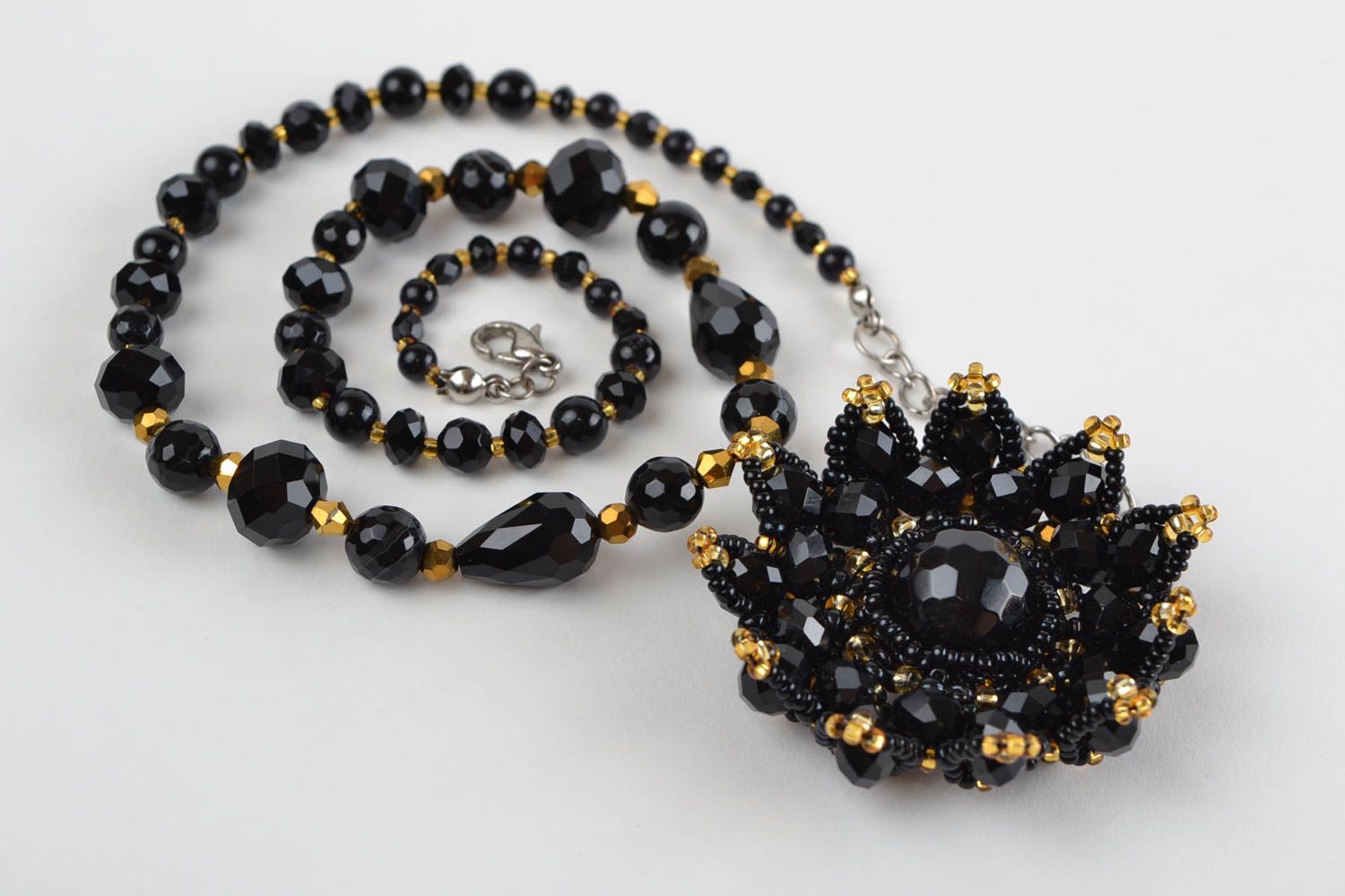 Black handmade unusual elegant necklace made of seed beads and natural stone photo 2