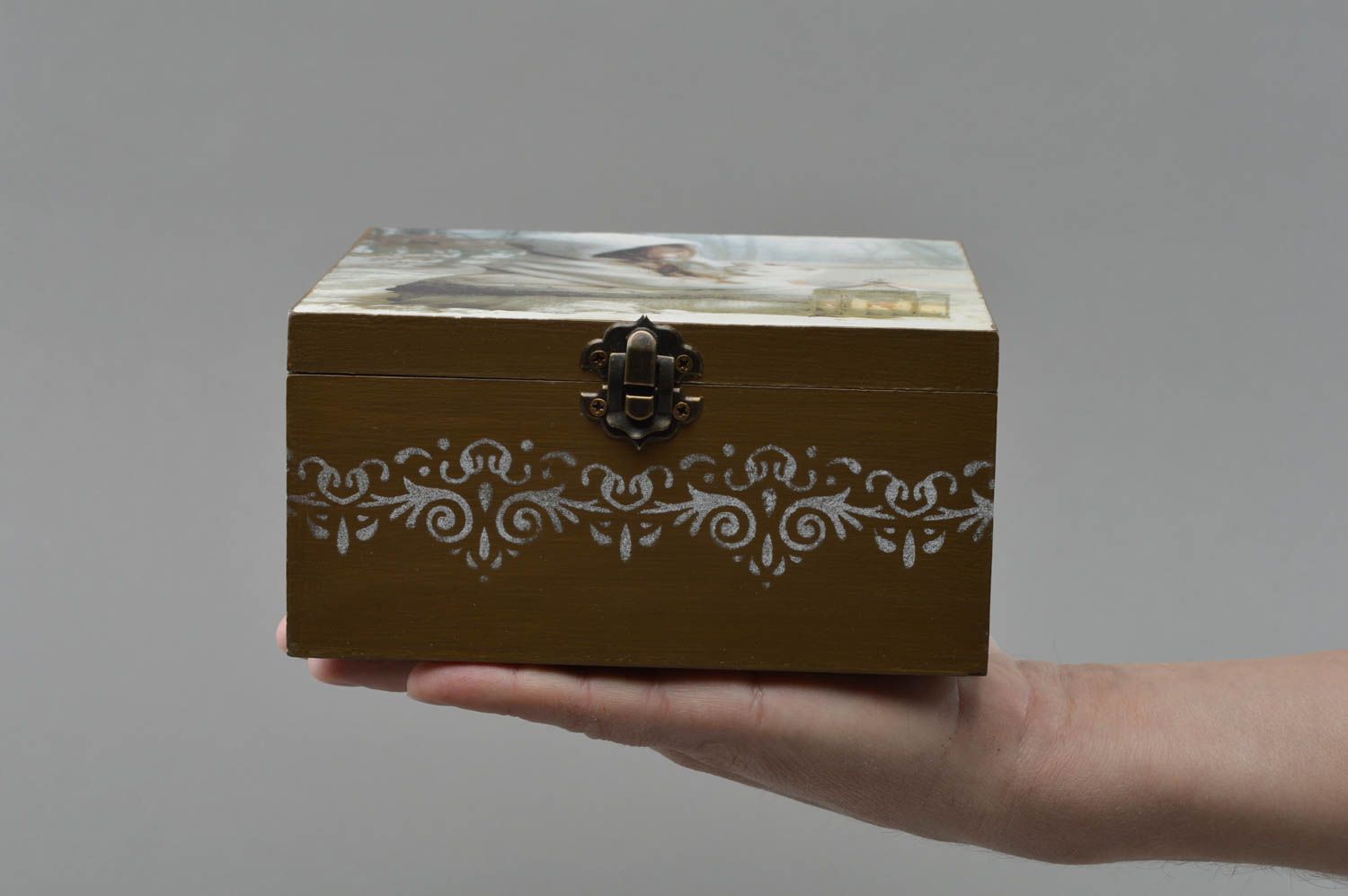 Handmade square decoupage wooden jewelry box with lock decorative designer  photo 4