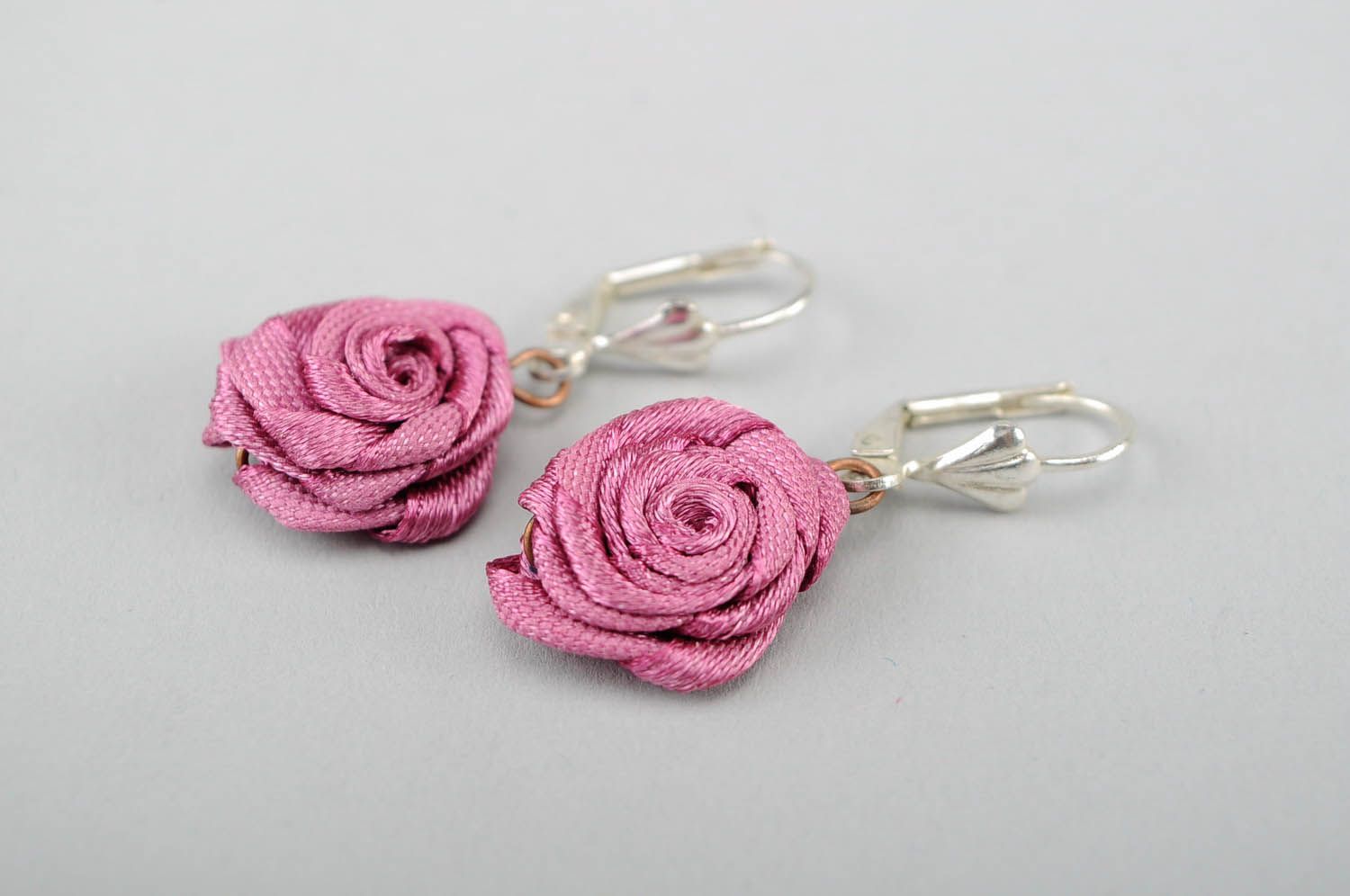 Earrings made of satin ribbons Tea Rose photo 1