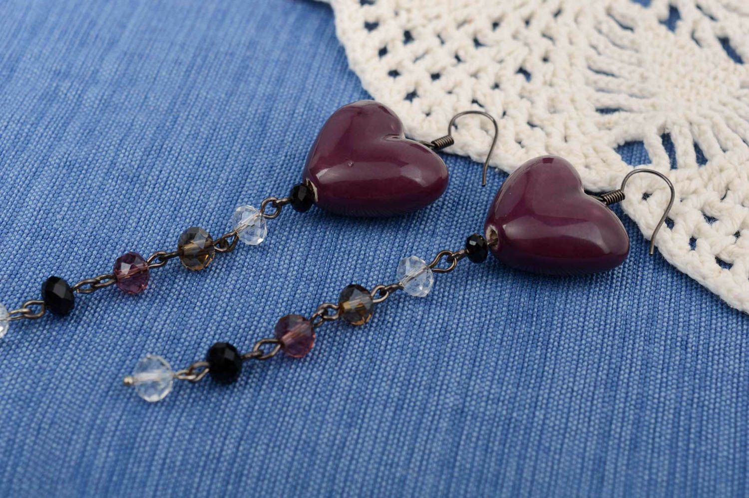 Handmade violet long dangle earrings with Czech crystal and ceramic beads photo 1