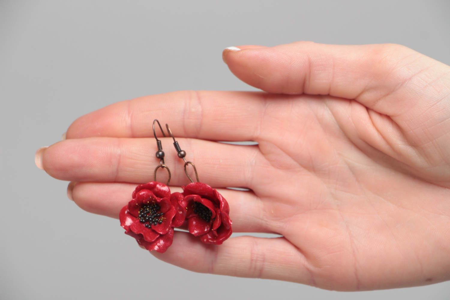 Серьги цветы из полимерной глины маки красные крупные красивые ручной работы фото 5