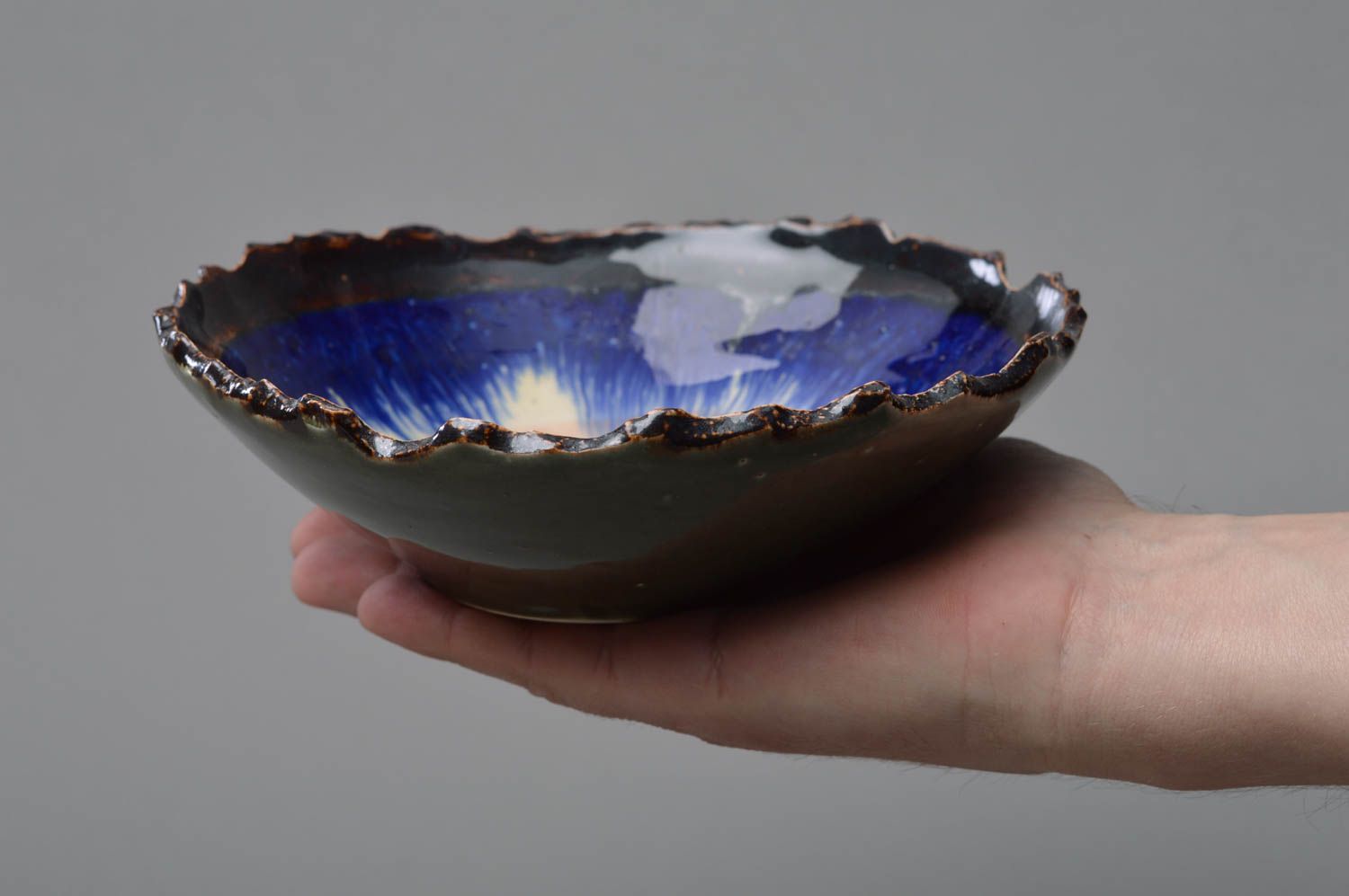 Stylish handmade colorful blue and green glazed porcelain bowl with ragged edge photo 4