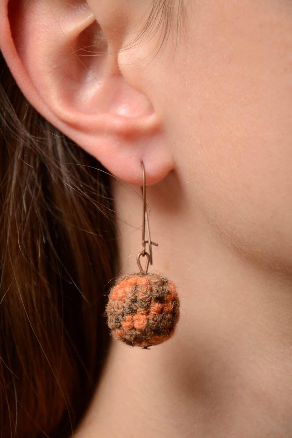 Beautiful handmade brown crochet ball earrings designer jewelry photo 2