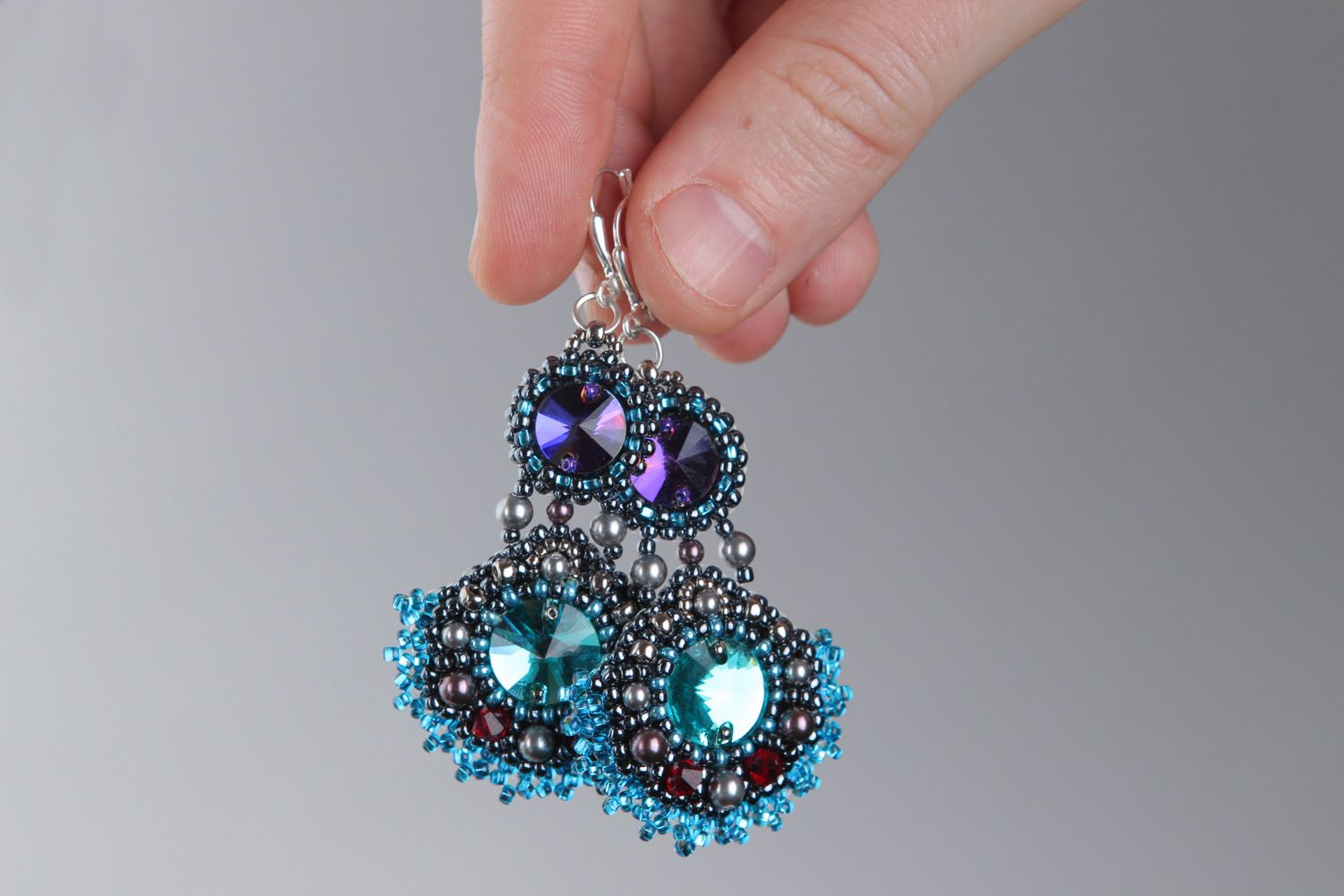 Massive handmade dangle earrings of blue color with beads and rhinestones photo 4