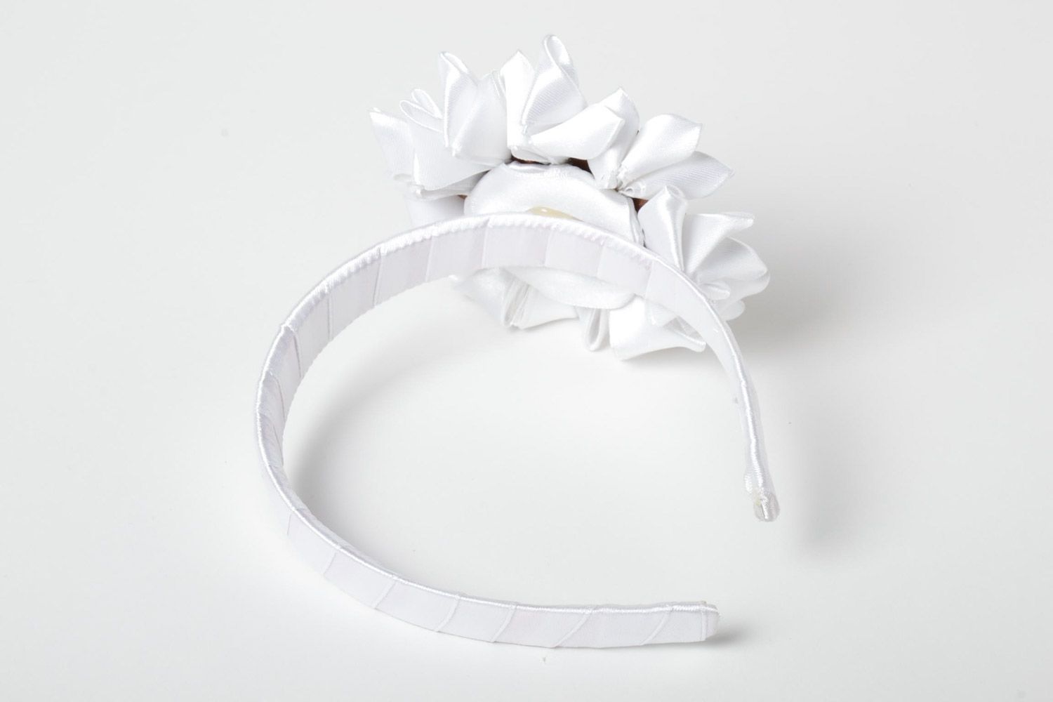 Handmade festive headband with volume satin ribbons kanzashi flower of white color photo 4