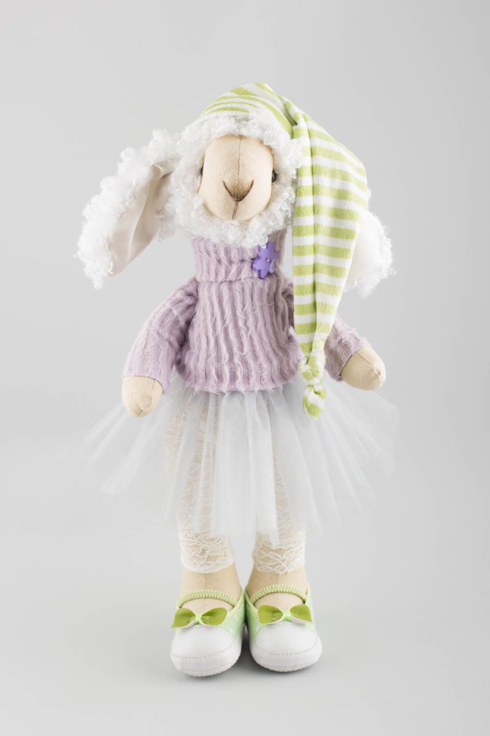 Peluche brebis en lin et tricot faite main originale décorative pour enfants photo 2