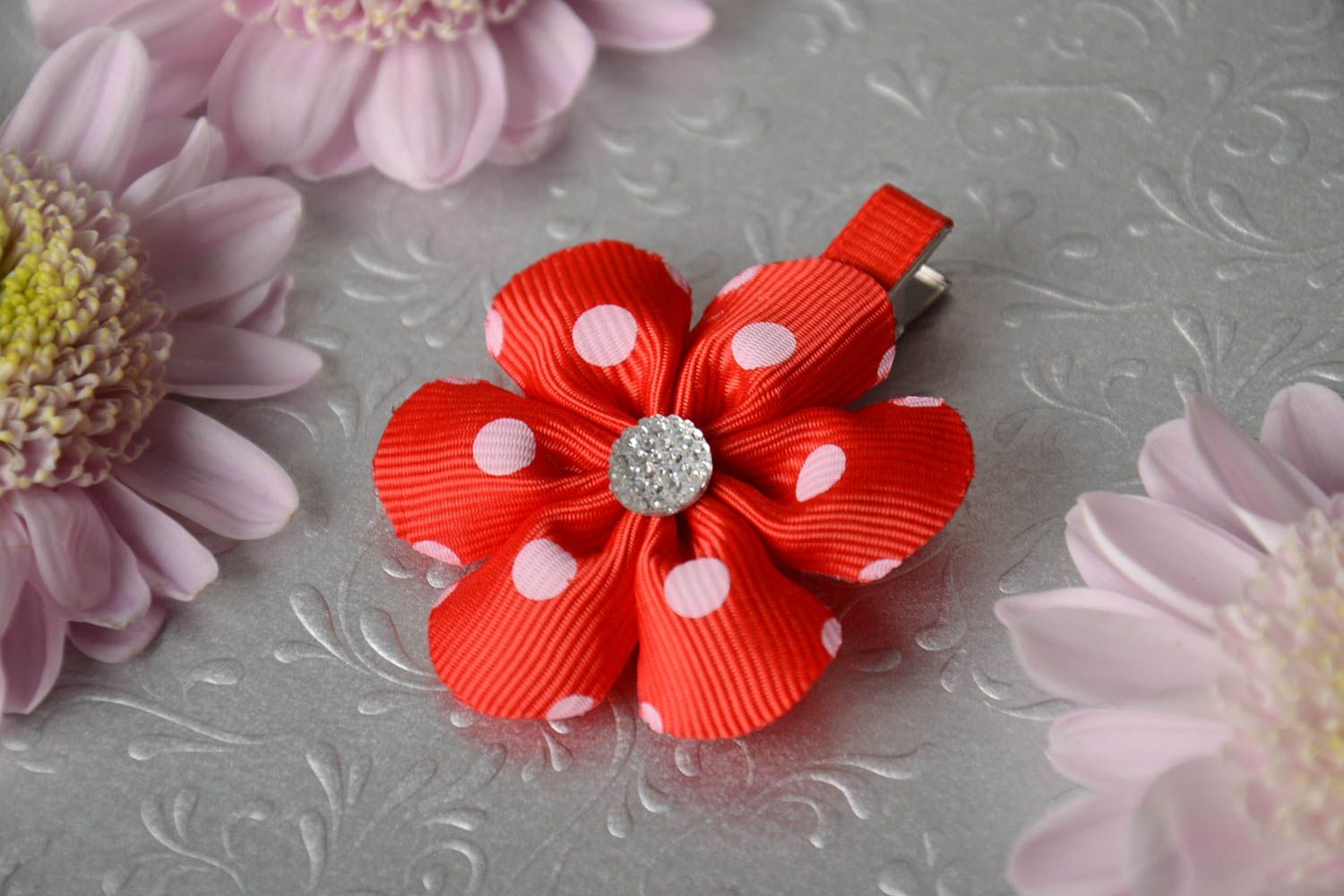 Designer homemade decorative hair clip with satin ribbon red kanzashi flower  photo 1