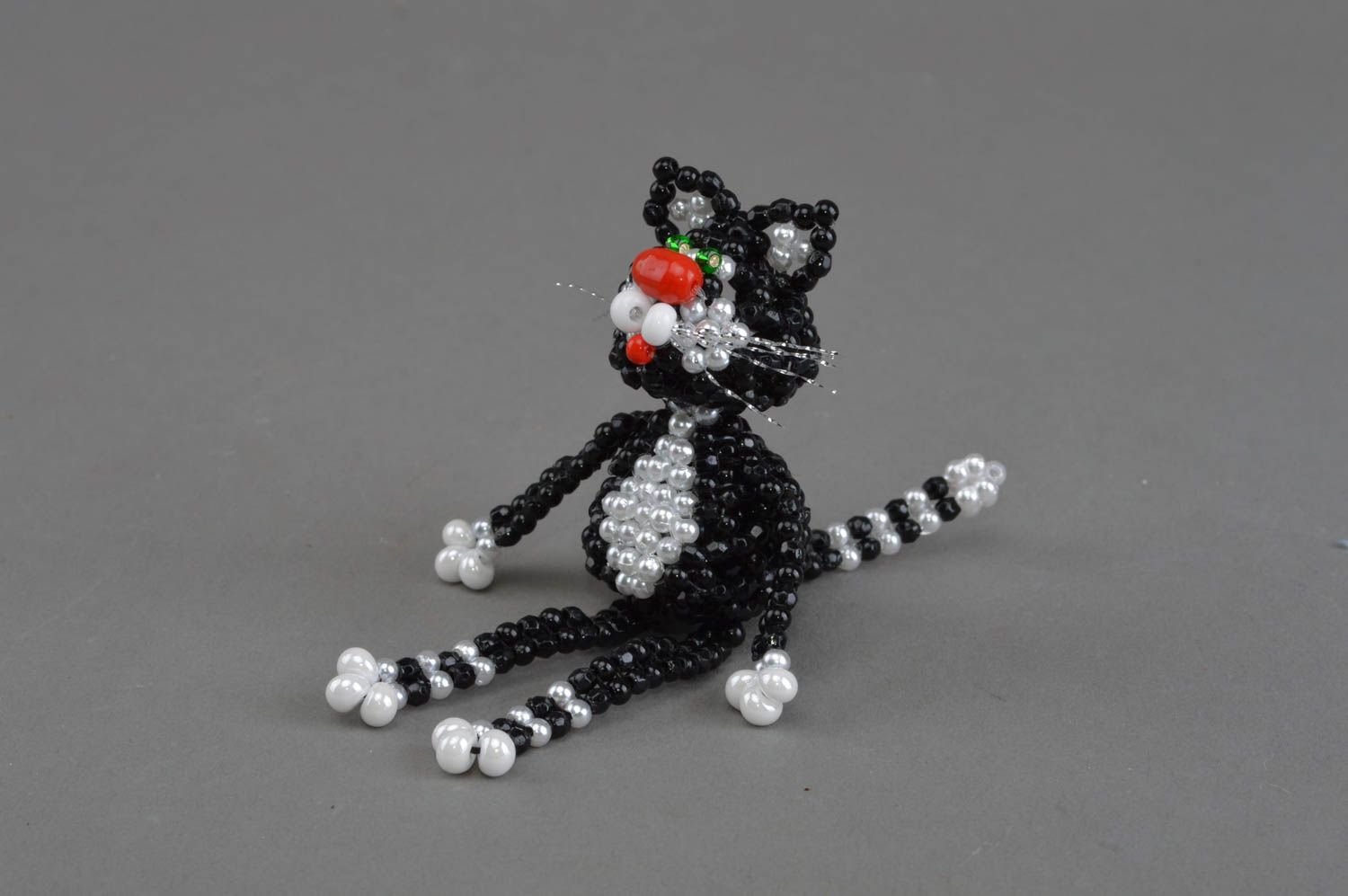 Handmade small collectible animal figurine woven of beads Black and White Cat photo 2