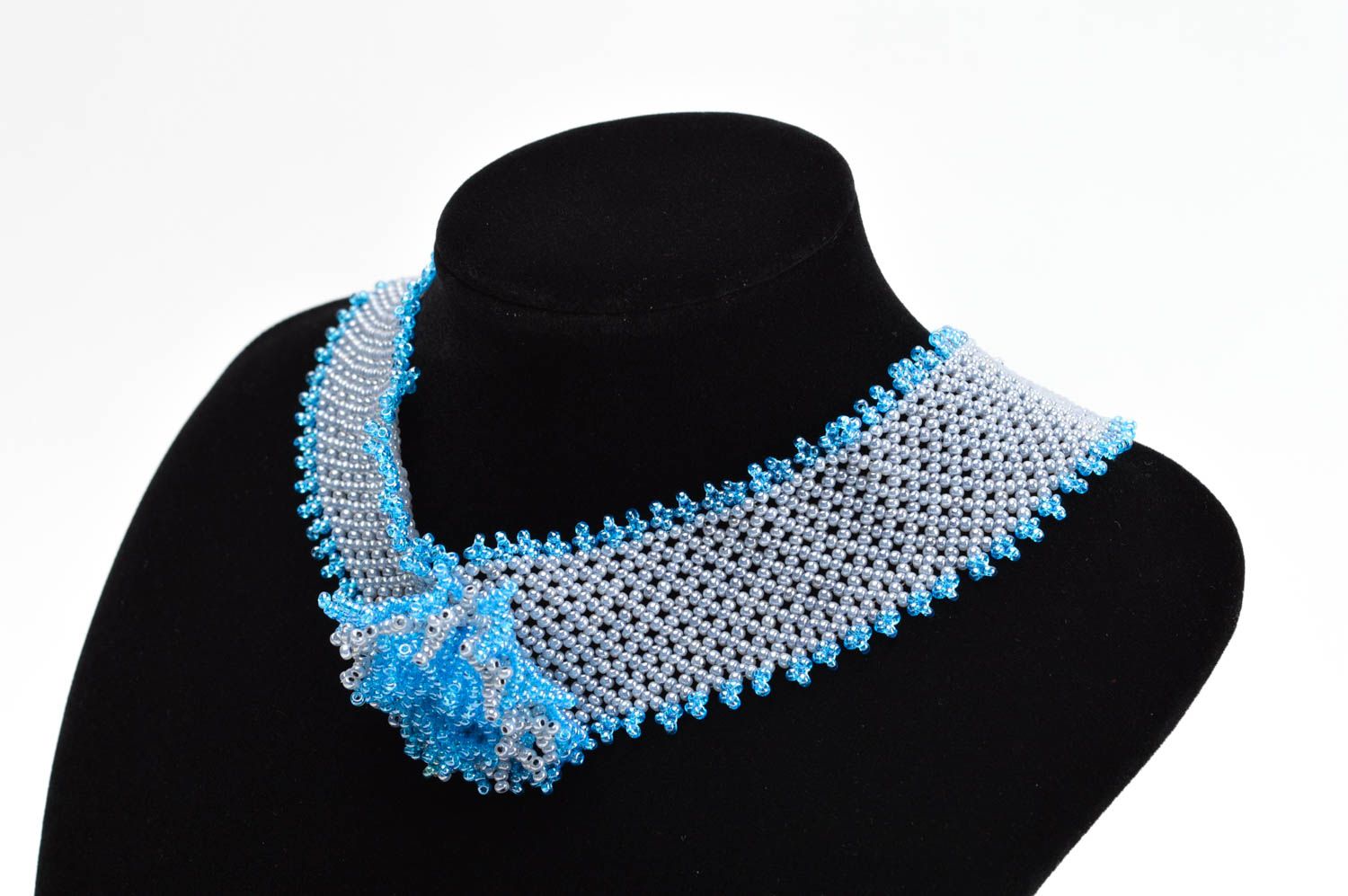 Handmade massive beaded necklace elegant blue necklace designer accessory photo 1